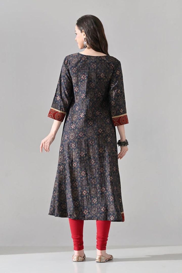 Blue Printed A-line Kurta