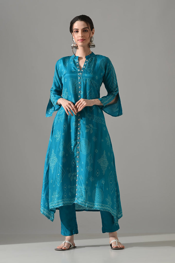 Blue Printed A-Line Kurta Set