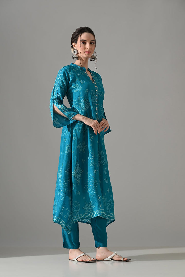 Blue Printed A-Line Kurta Set