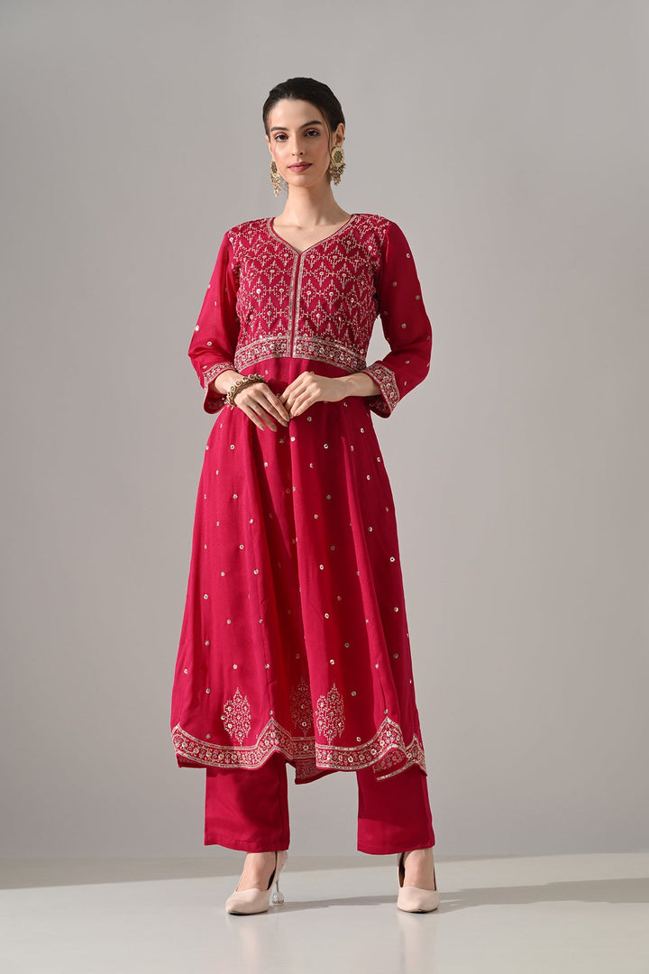 Pink Zari Embroidered Kurta Set
