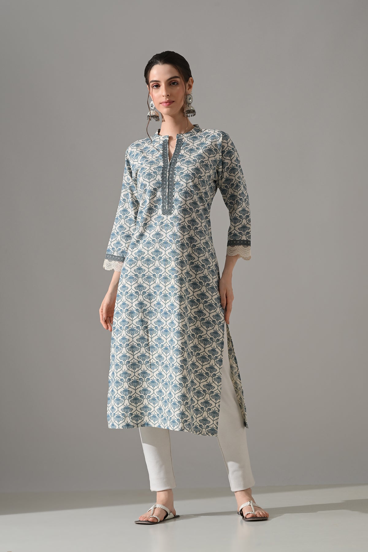 Cream Printed Straight Kurta