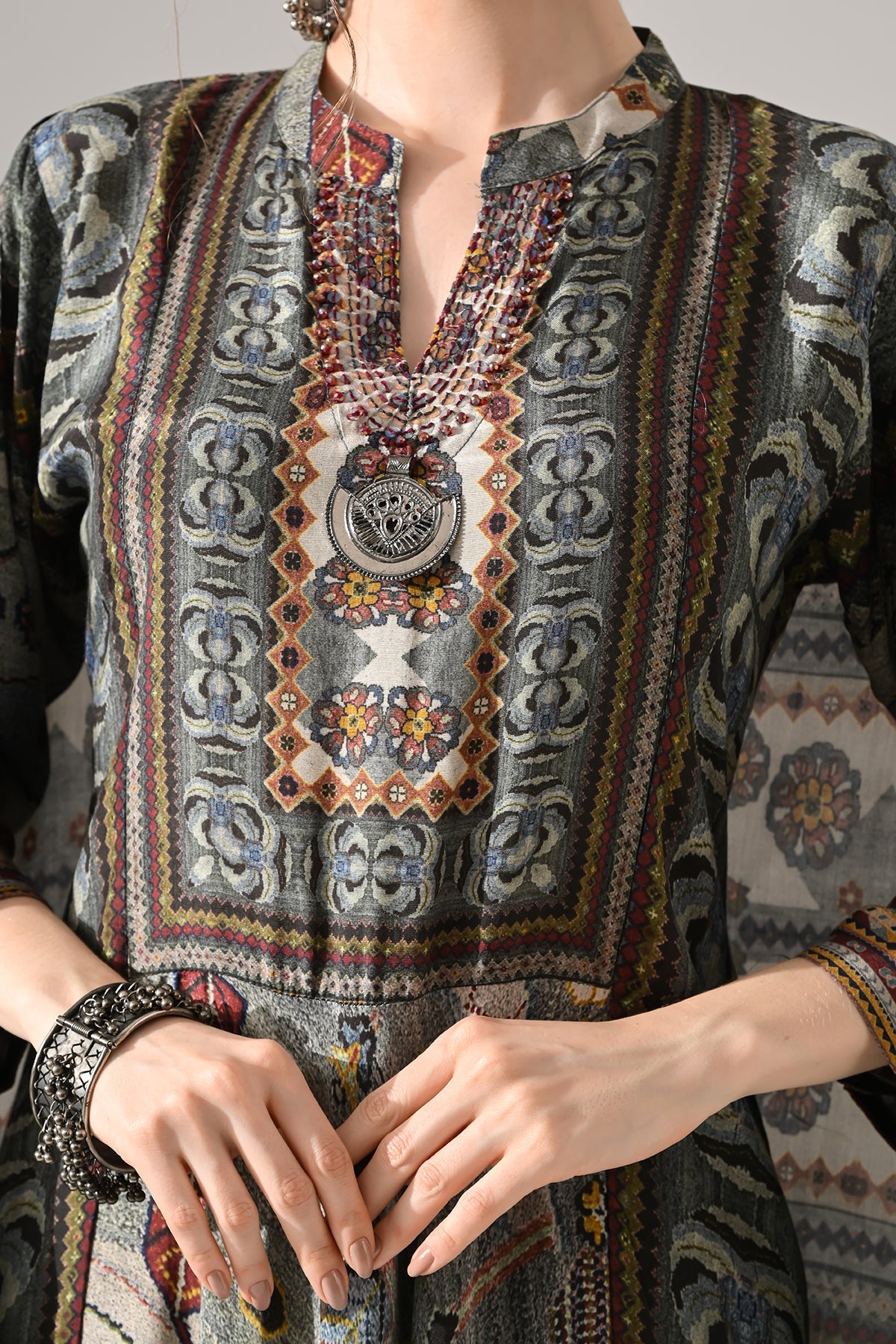 Grey Printed Kurta 3 Pcs Set