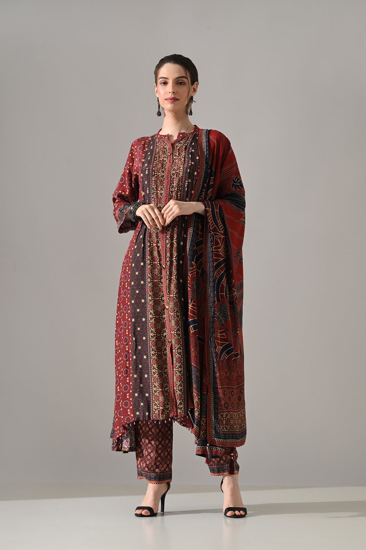 Maroon Printed Kurta 3 Pcs Set