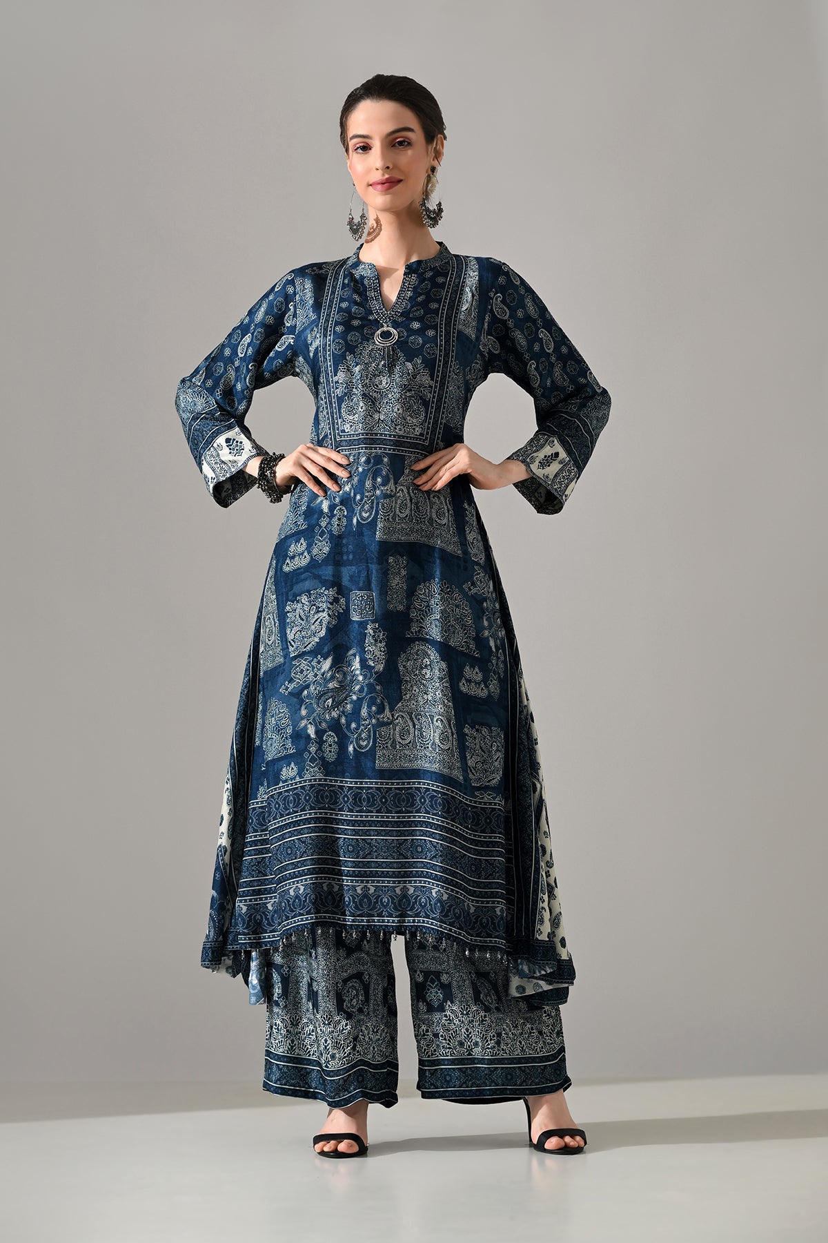 Blue Printed Kurta 3 Pcs Set