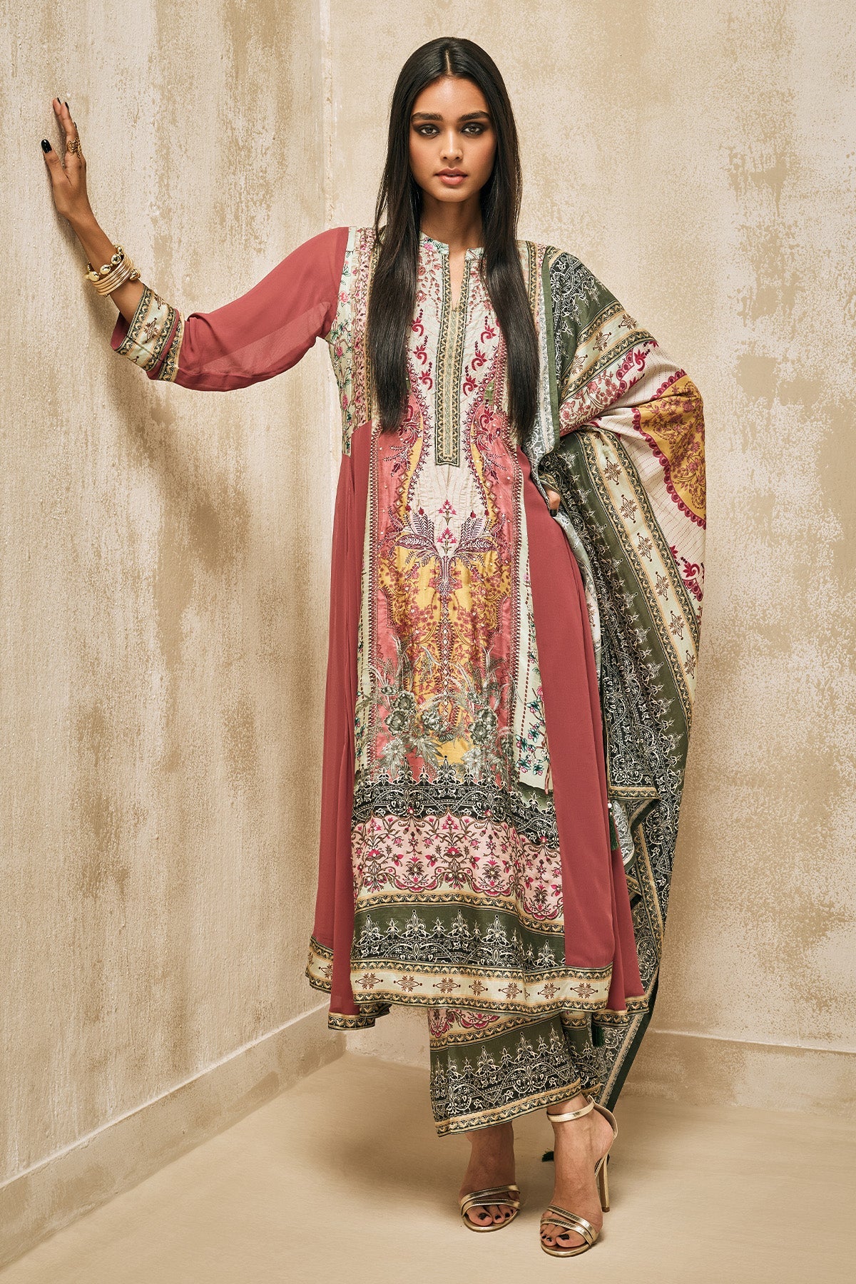 Green Printed Kurta 3 Pcs Set