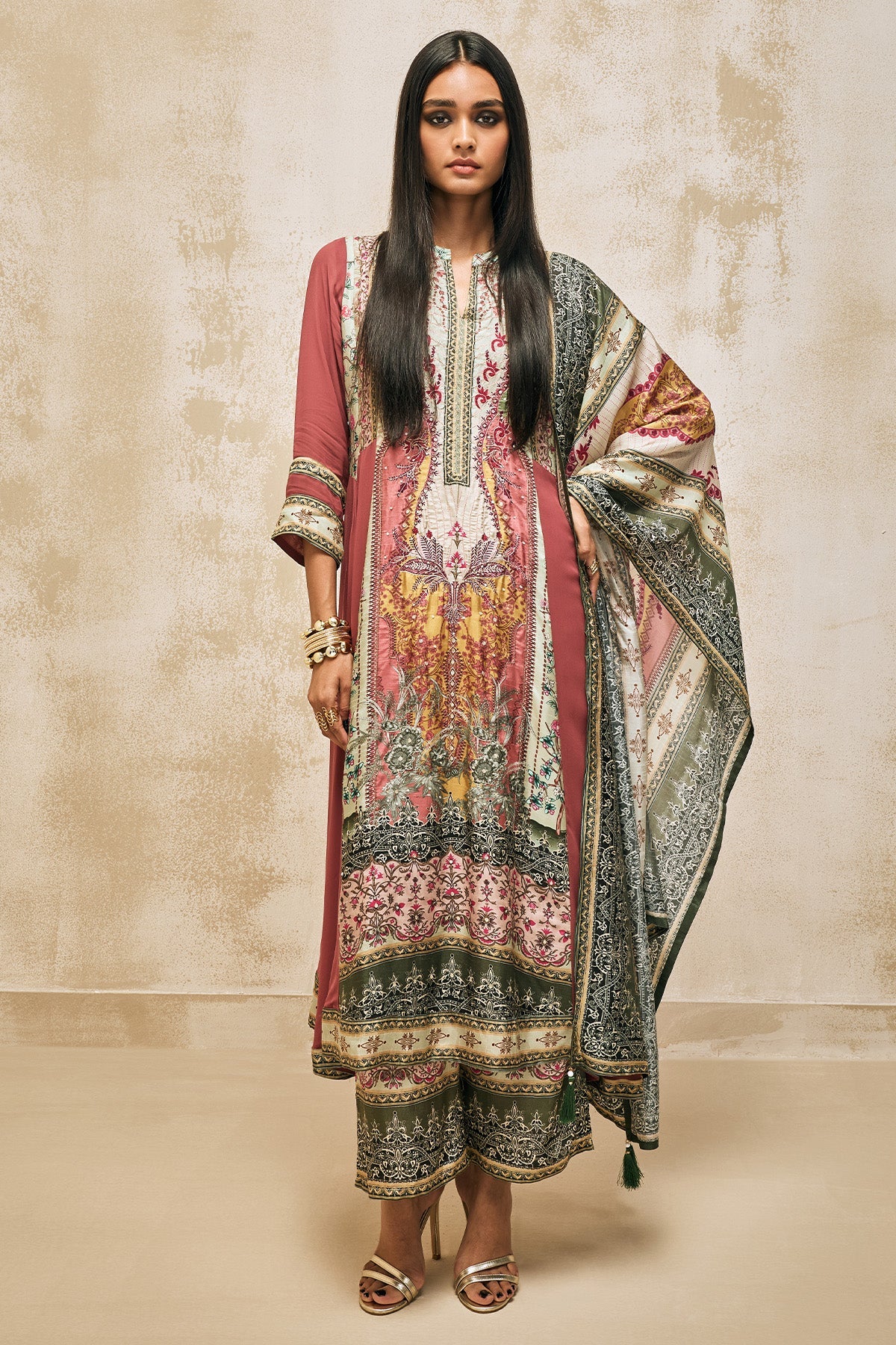 Green Printed Kurta 3 Pcs Set