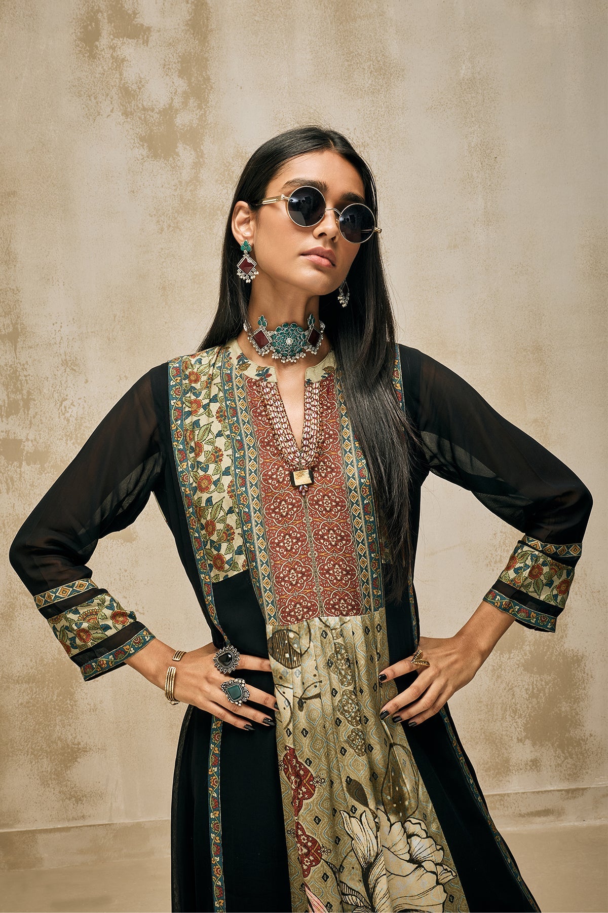 Green - Black Printed Kurta 3 Pcs Set