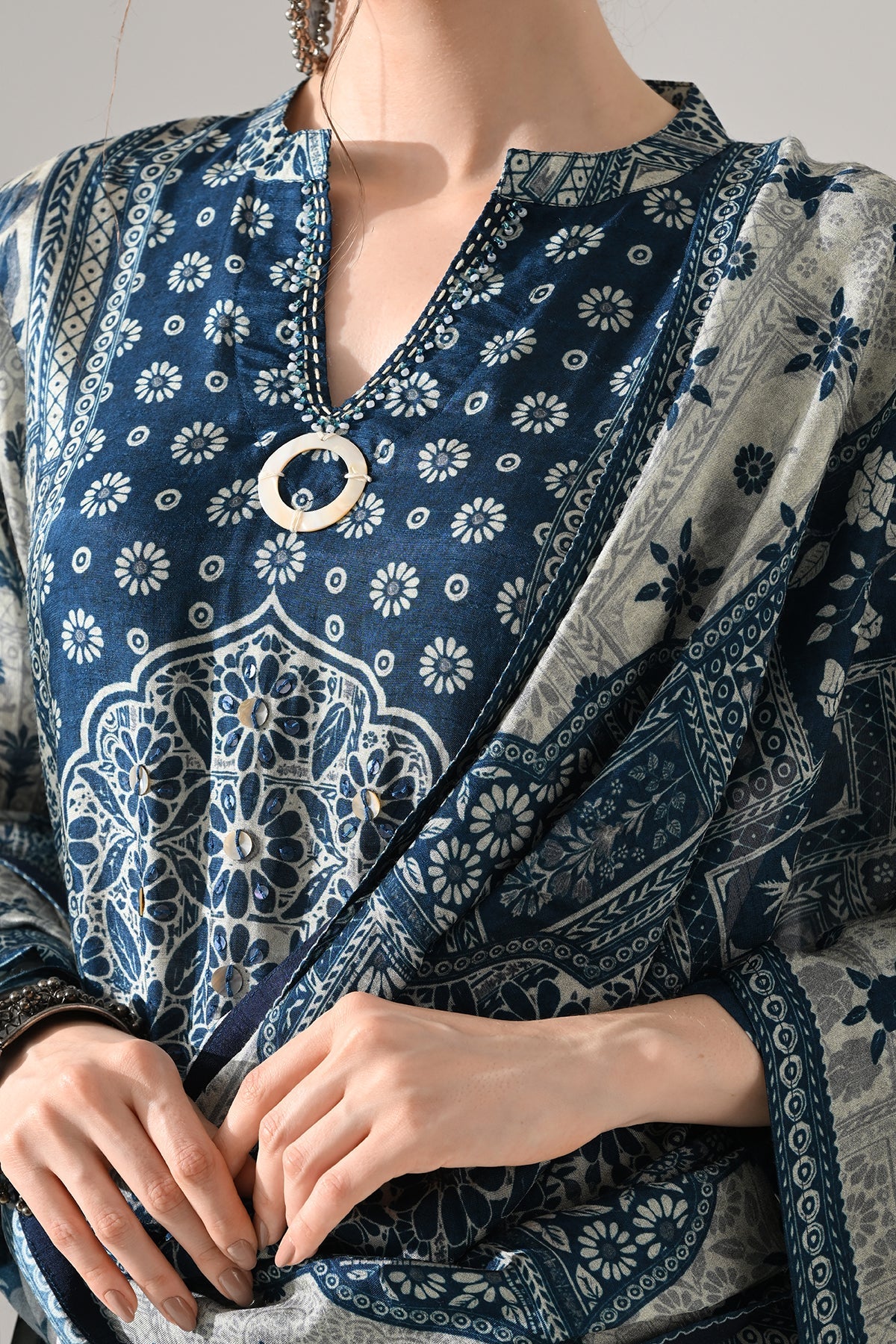Blue Printed Kurta 3 Pcs Set