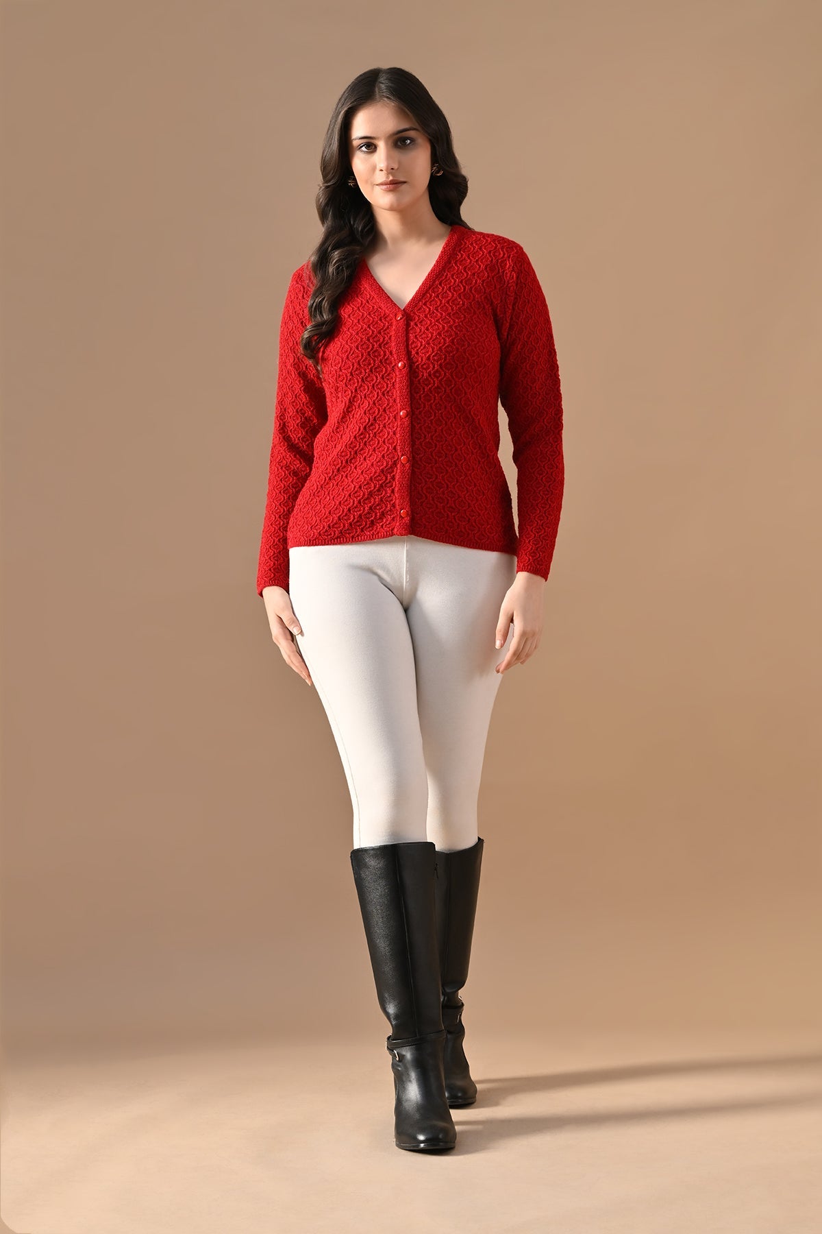Winter Red Knitted V-Neck Cardigan
