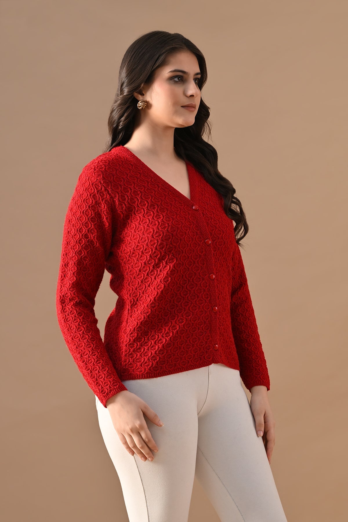 Winter Red Knitted V-Neck Cardigan