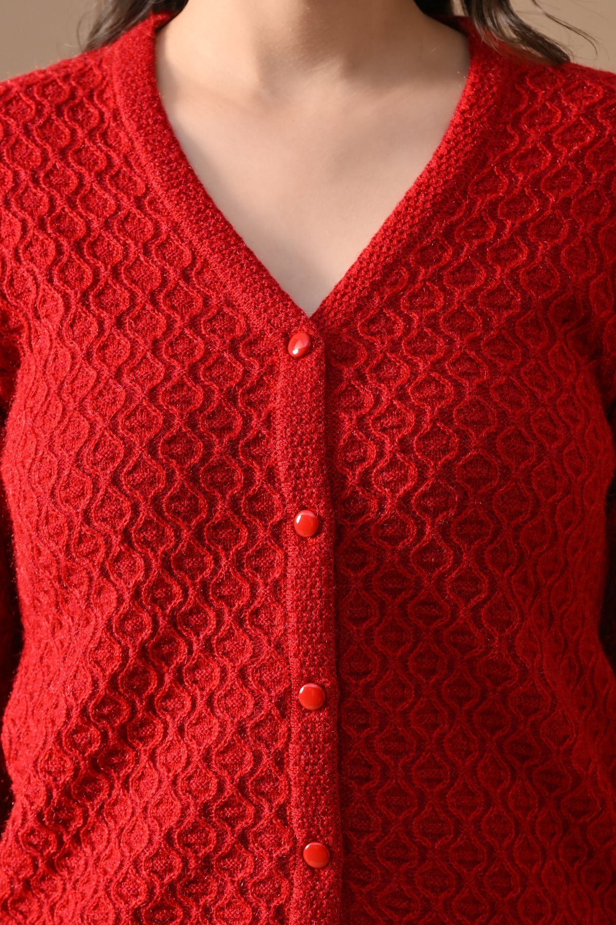 Winter Red Knitted V-Neck Cardigan