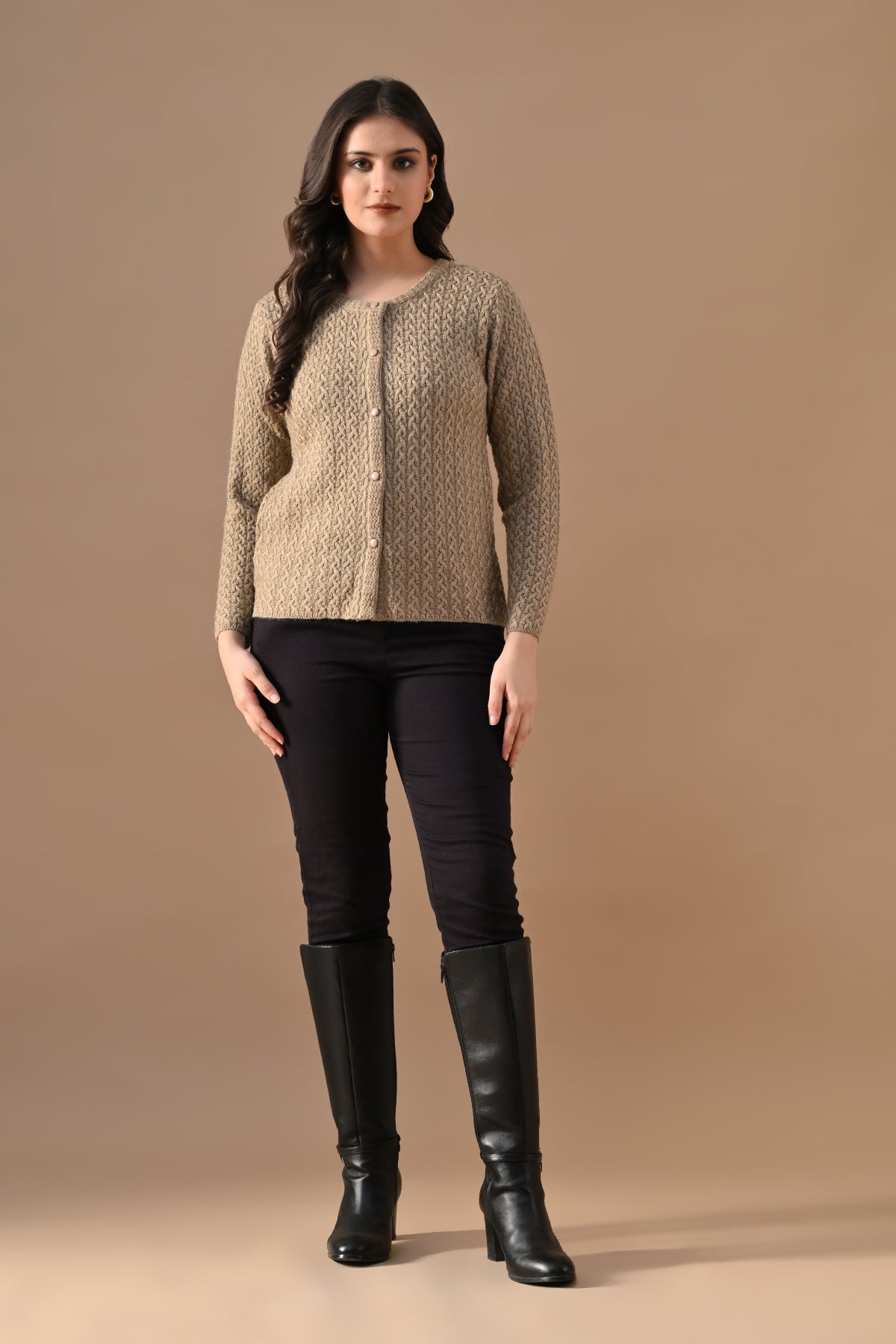 Winter Beige Knitted Button-Down Cardigan