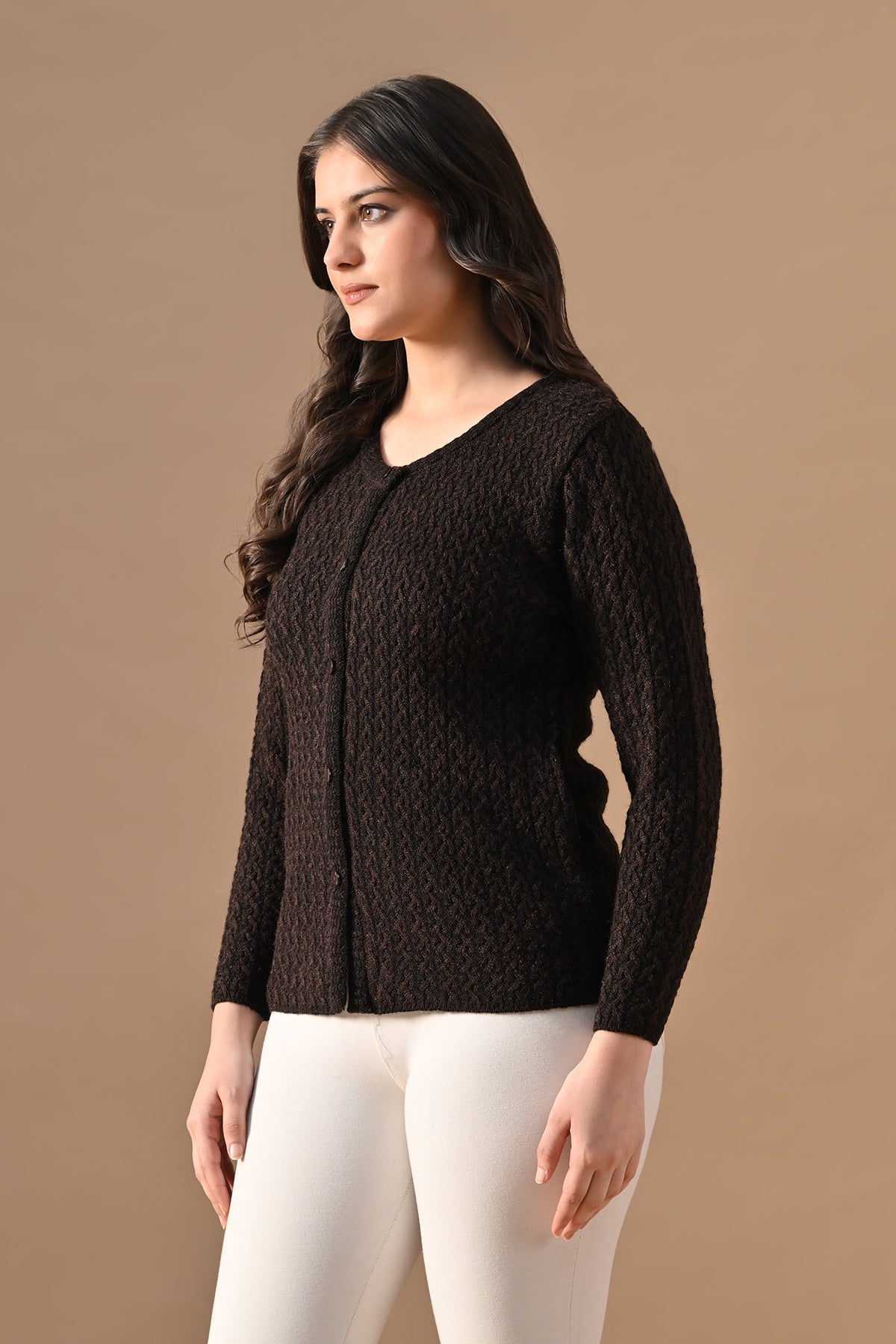 Winter Brown Knitted Self-Design Round Neck Cardigan