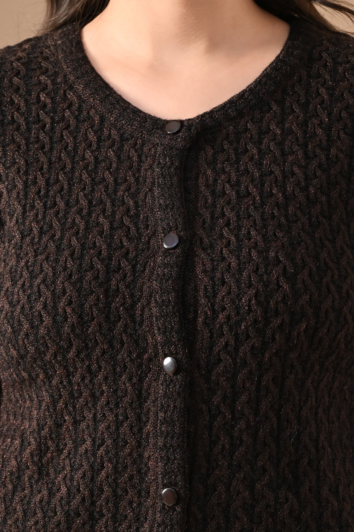 Winter Brown Knitted Self-Design Round Neck Cardigan