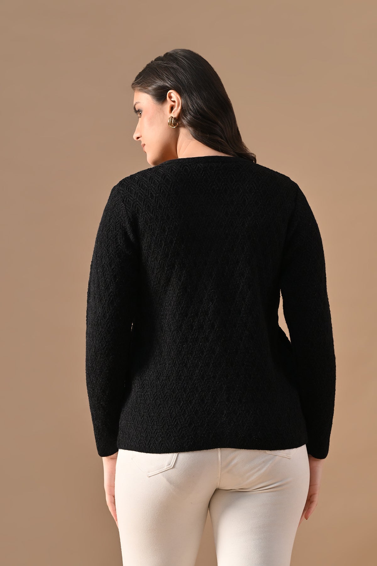 Winter Black Knitted Mandarin Collar Cardigan