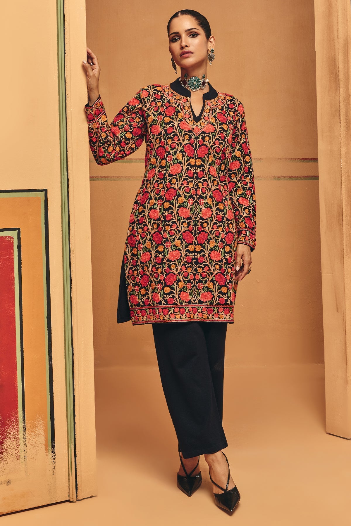 Winter Multi Embroideredred Ethnic Motifs Woven Kurta 2 Pcs Set