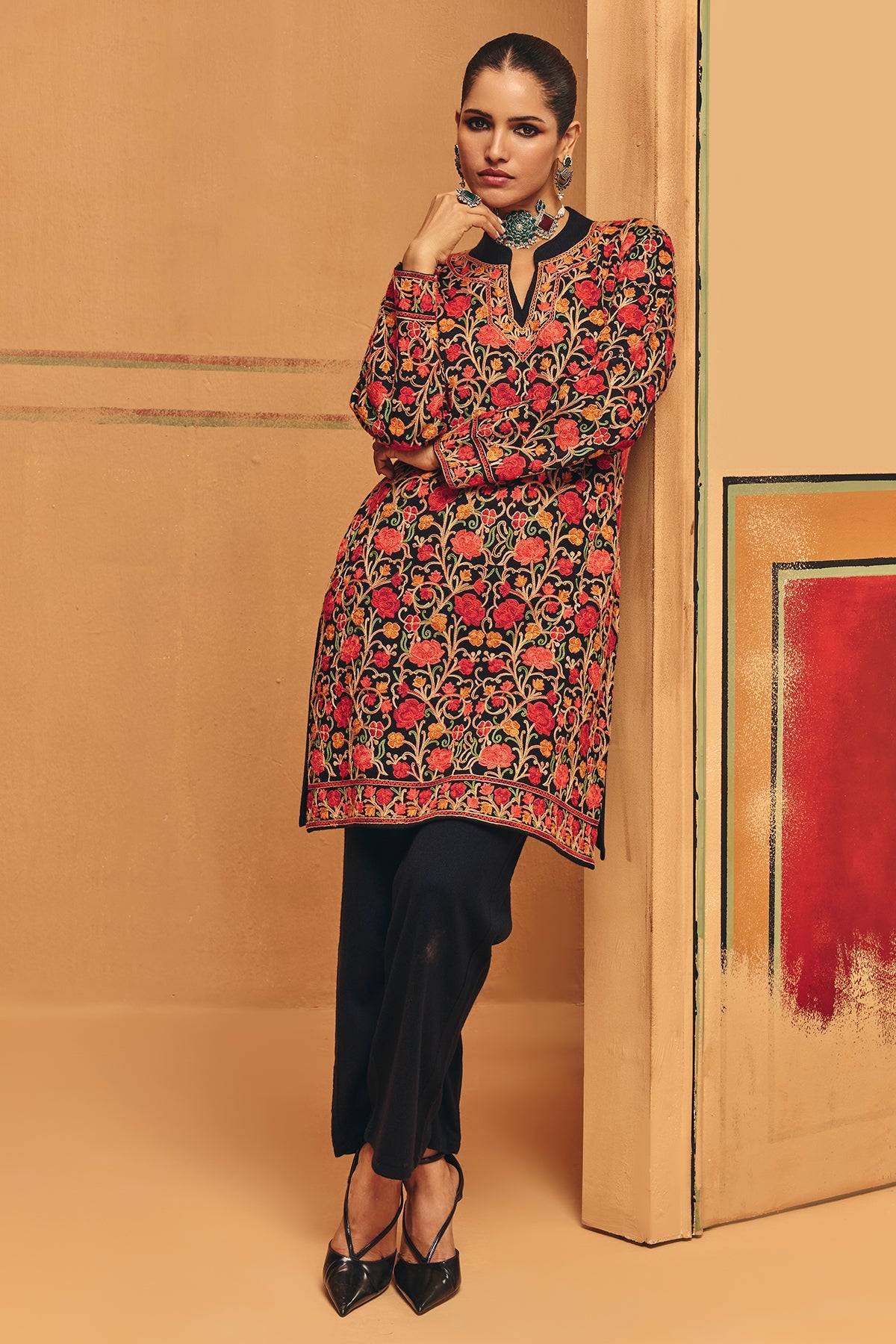 Winter Multi Embroideredred Ethnic Motifs Woven Kurta 2 Pcs Set