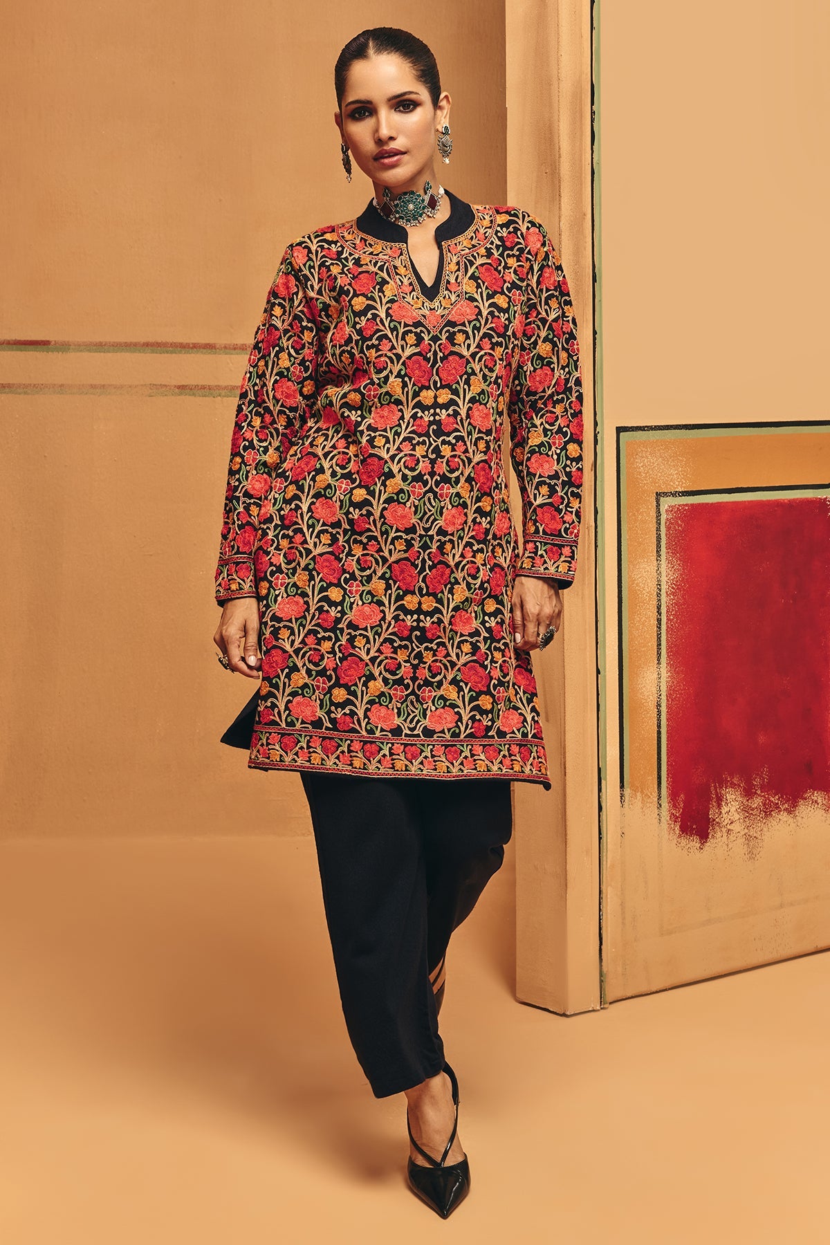 Winter Multi Embroideredred Ethnic Motifs Woven Kurta 2 Pcs Set