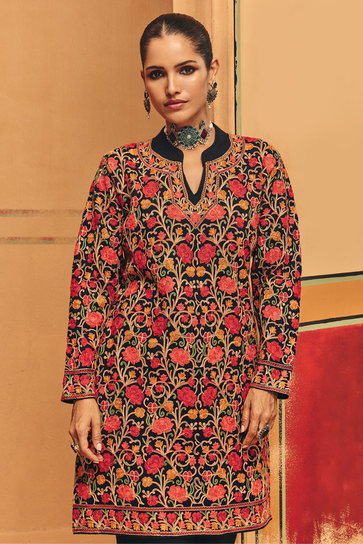 Winter Multi Embroideredred Ethnic Motifs Woven Kurta 2 Pcs Set
