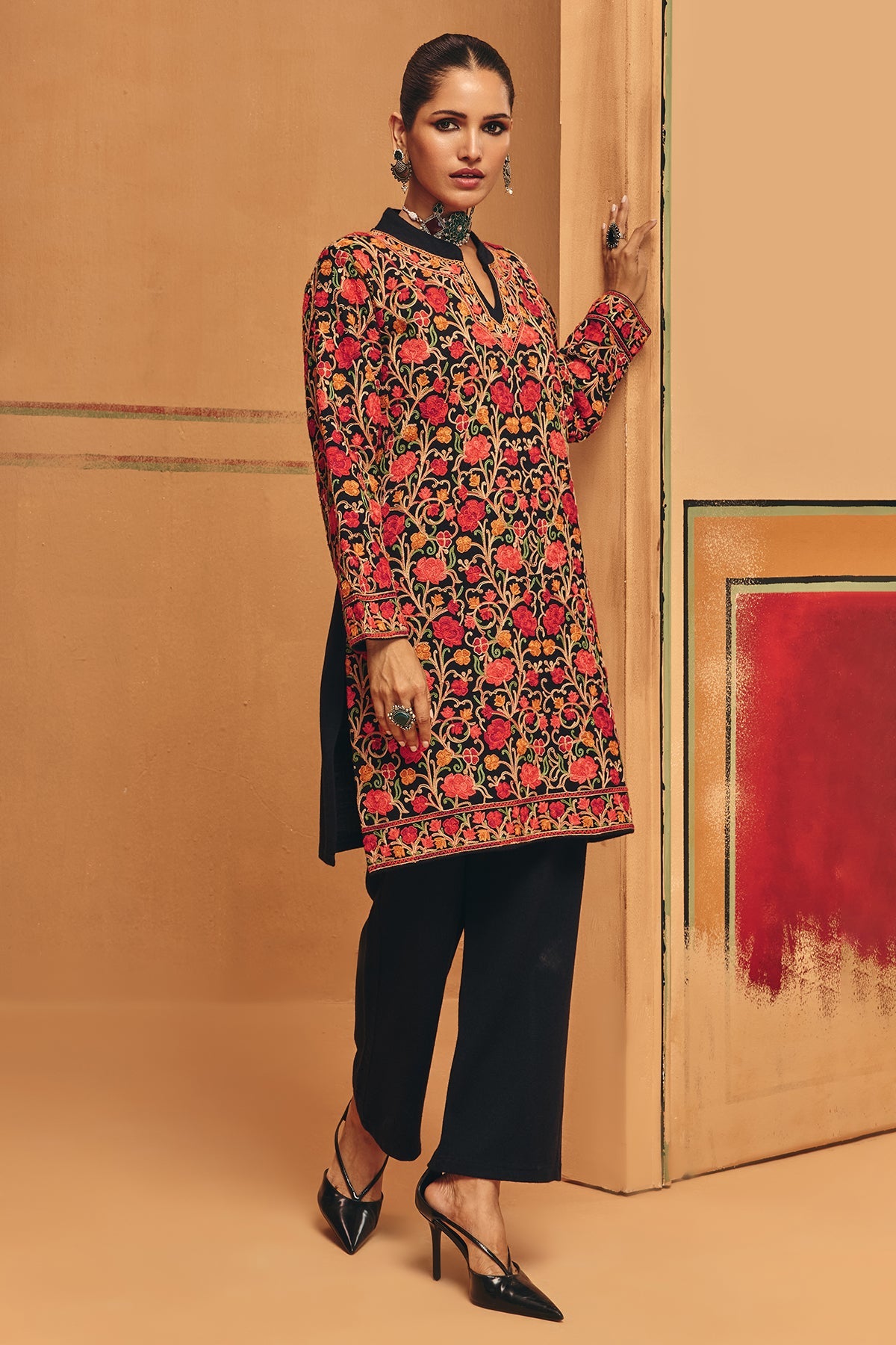 Winter Multi Embroideredred Ethnic Motifs Woven Kurta 2 Pcs Set