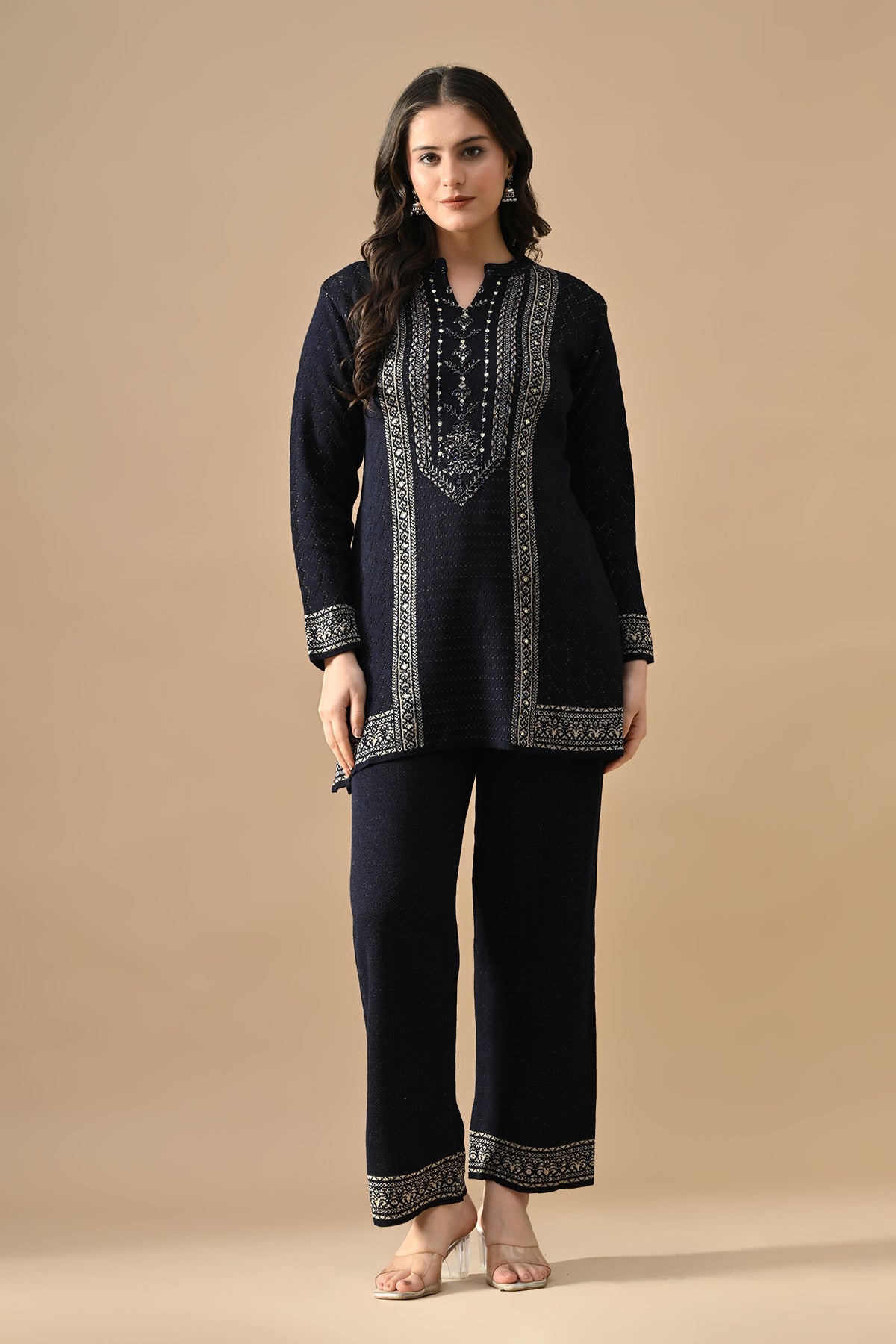 Winter Navy Blue Ethnic Motifs Woven Co-Ord Set