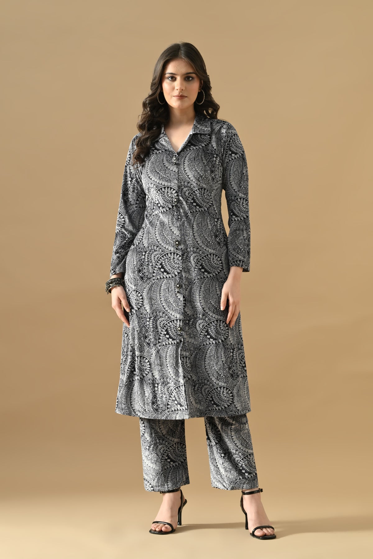 Winter Grey Printed Ethnic Motifs Woven Kurta Set