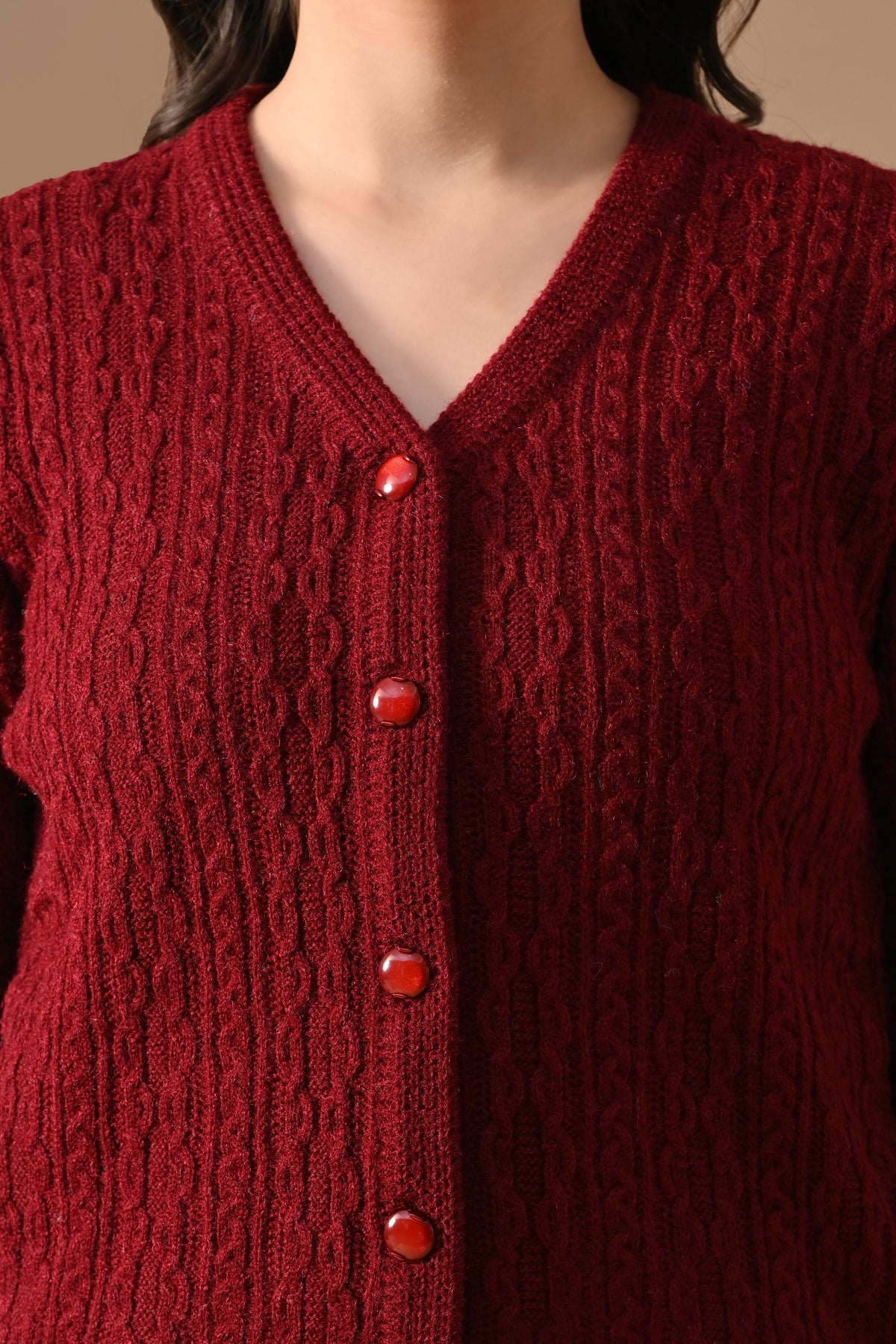 Winter Maroon Knitted V-Neck Cardigan
