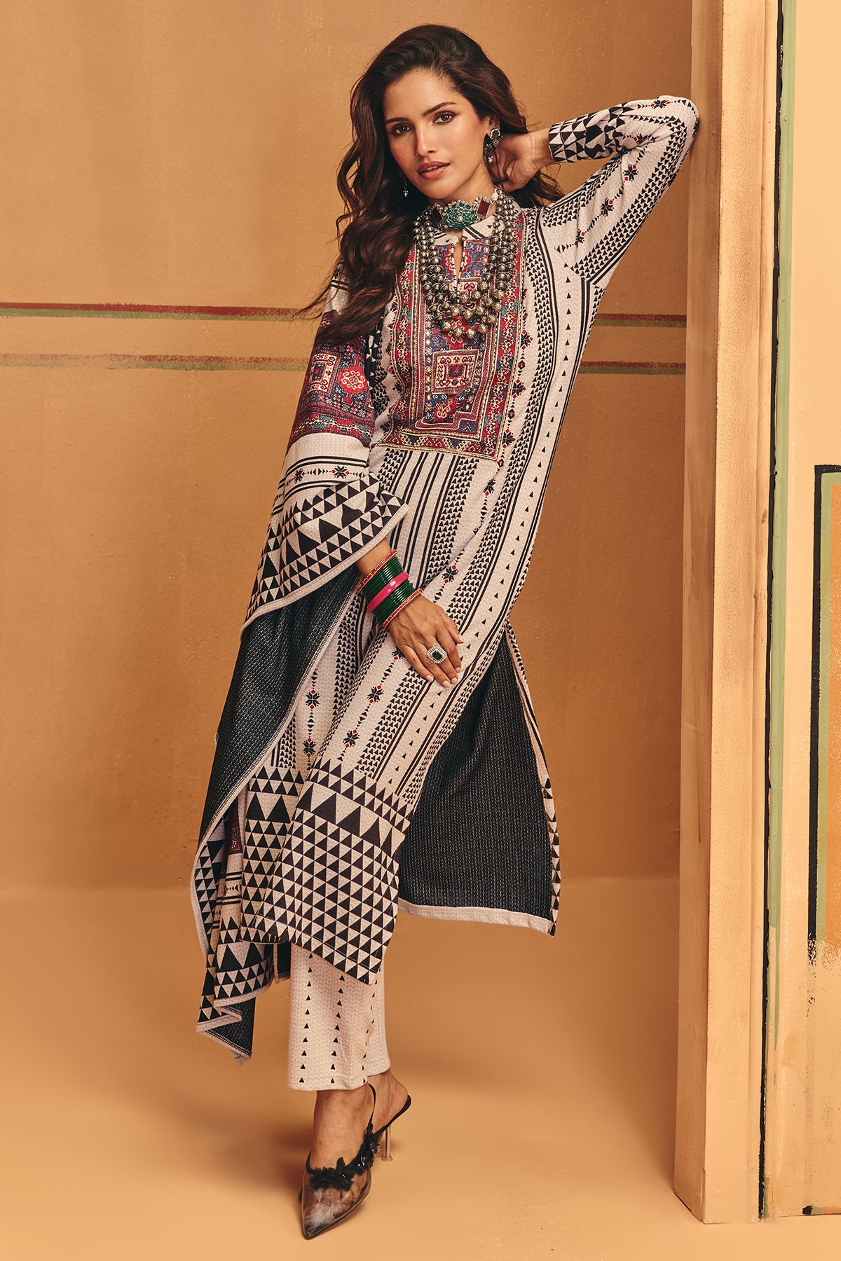 Winter Off White Zari Embroideredred Printed Velvet Kurta Set