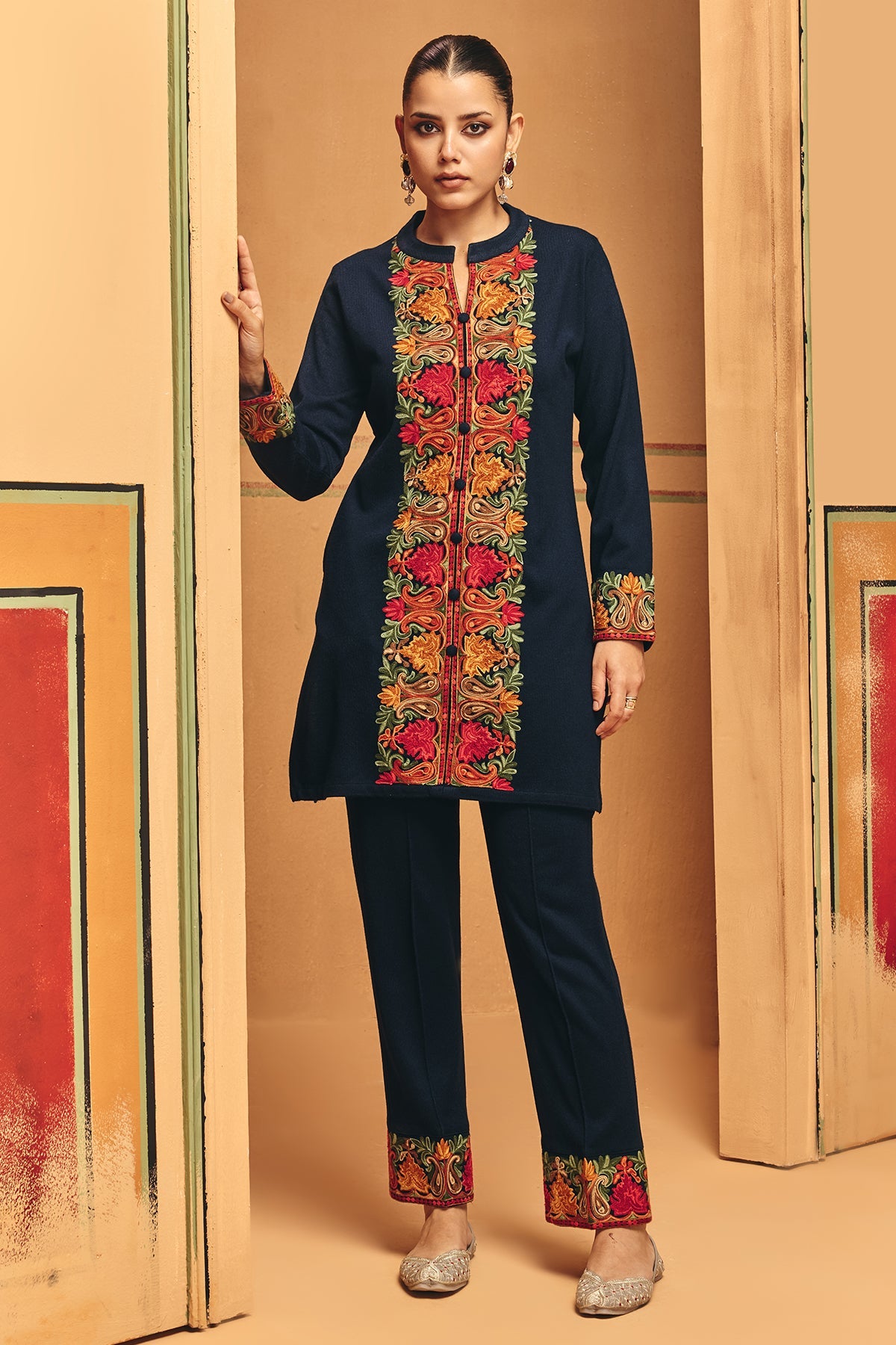 Winter Black Embroideredred Ethnic Motifs Co-Ord Set