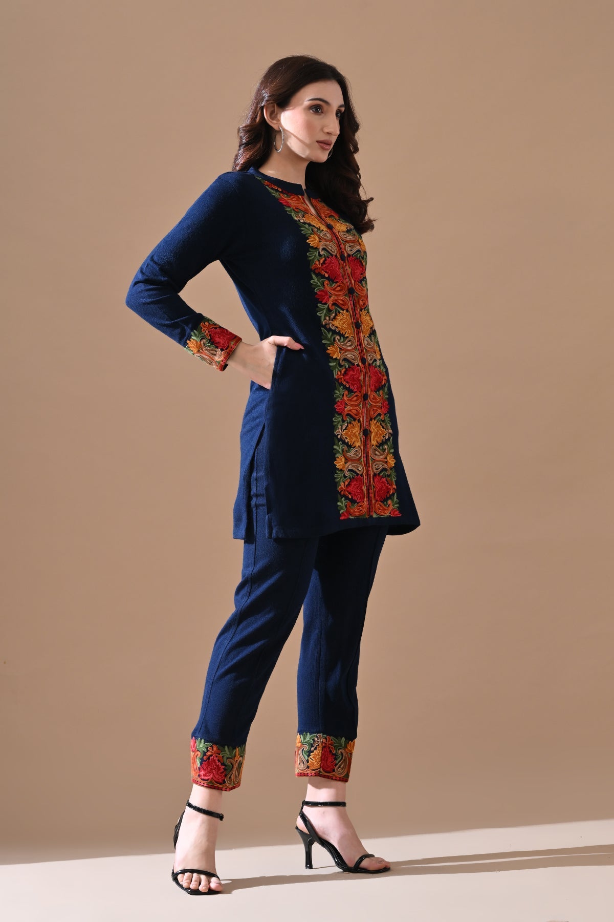 Winter Blue Embroideredred Ethnic Motifs Co-Ord 2 Pcs Set