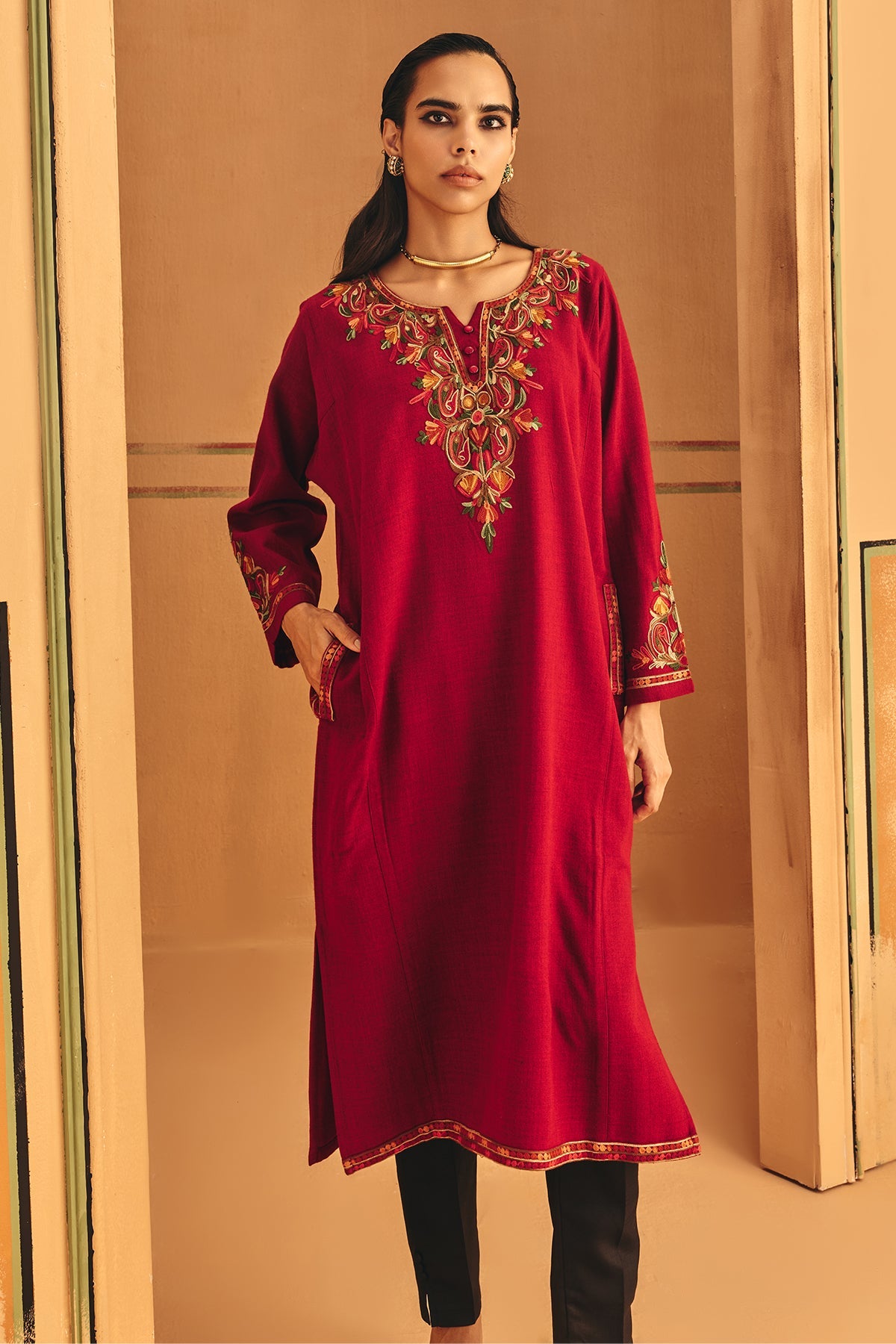 Winter Red Embroideredred Ethnic Motifs Woven Phiran
