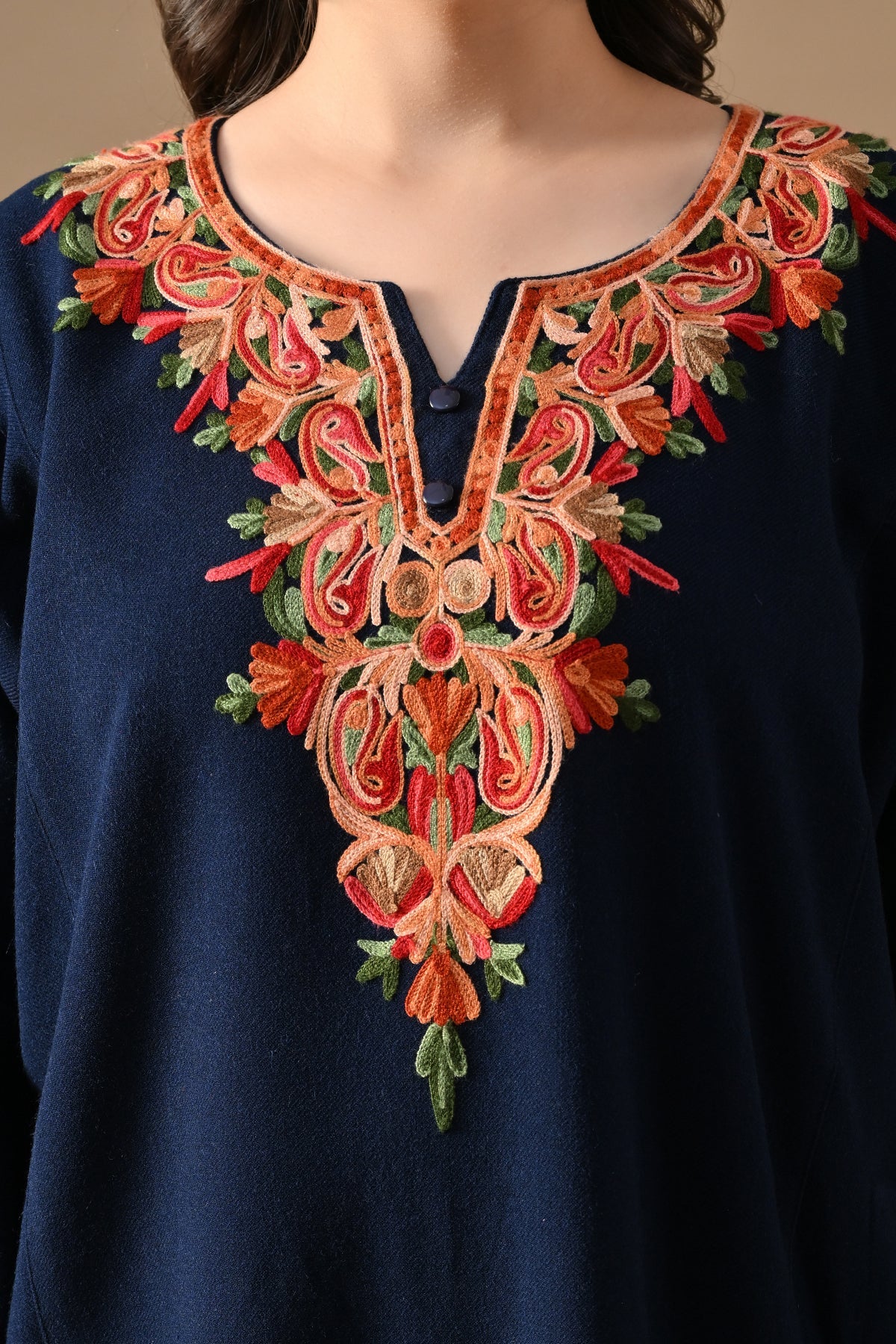 Winter Blue Embroideredred Ethnic Motifs Woven Phiran