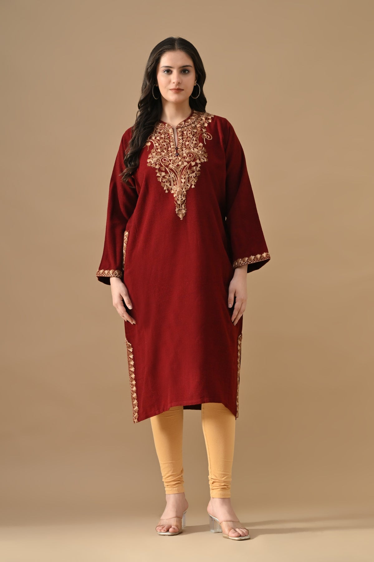 Winter Maroon Embroideredred Ethnic Motifs Woven Phiran