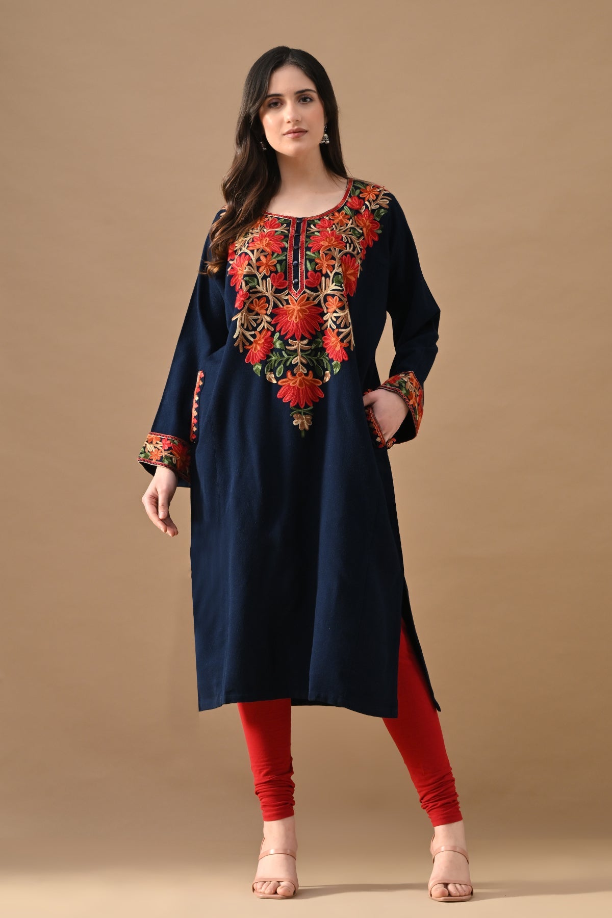 Winter Blue Embroideredred Ethnic Motifs Woven Phiran