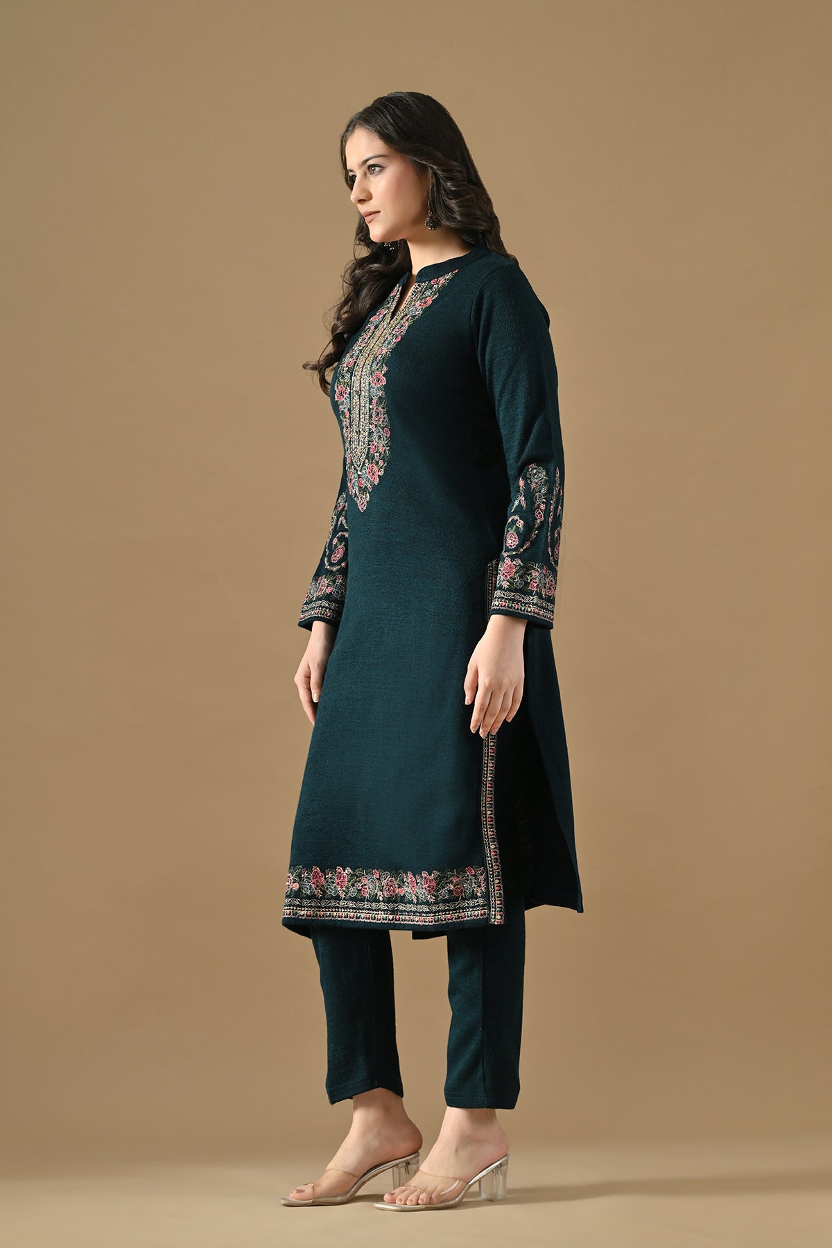 Winter Peacock Blue Woven Embroideredred Kurta Set