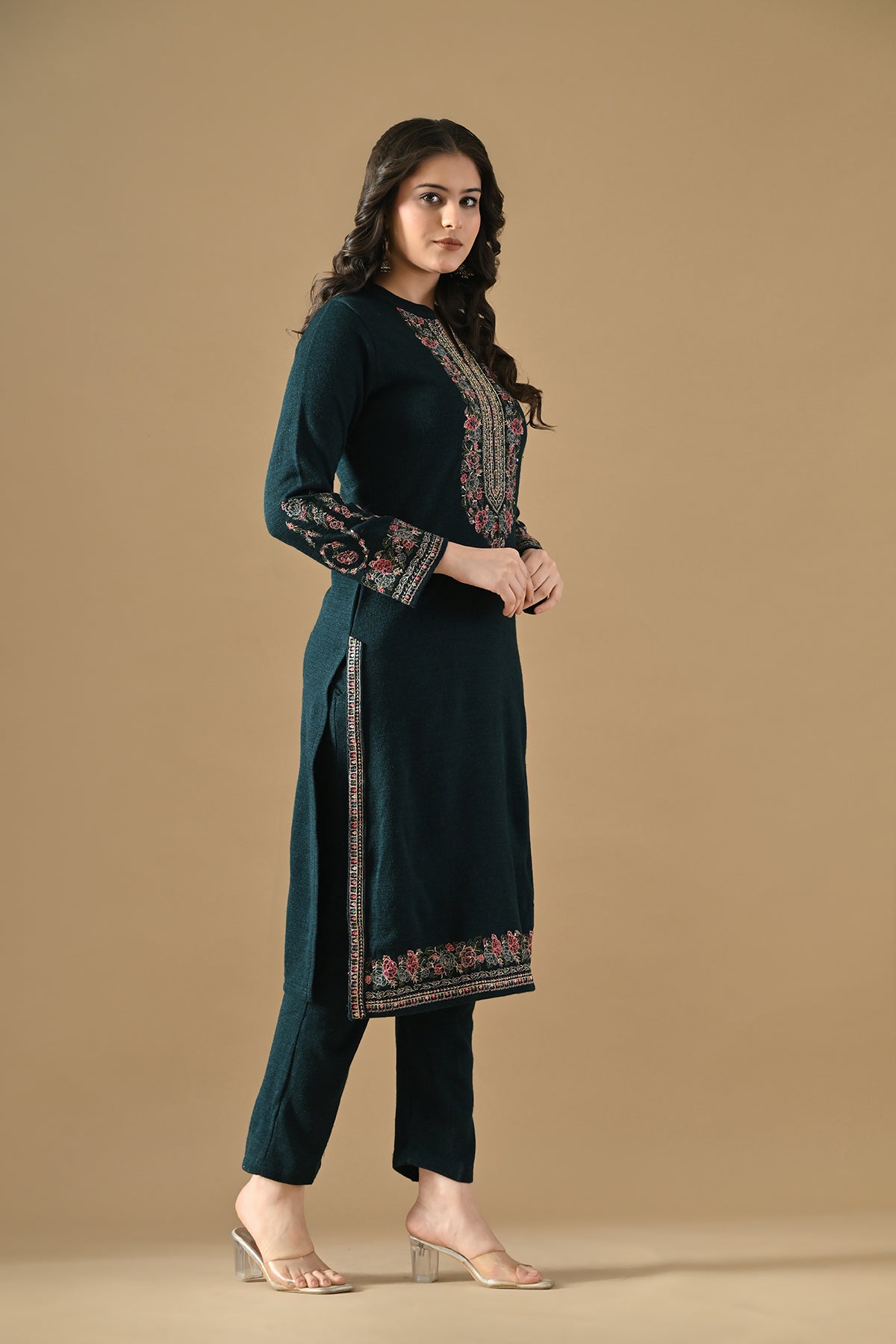 Winter Peacock Blue Woven Embroideredred Kurta Set