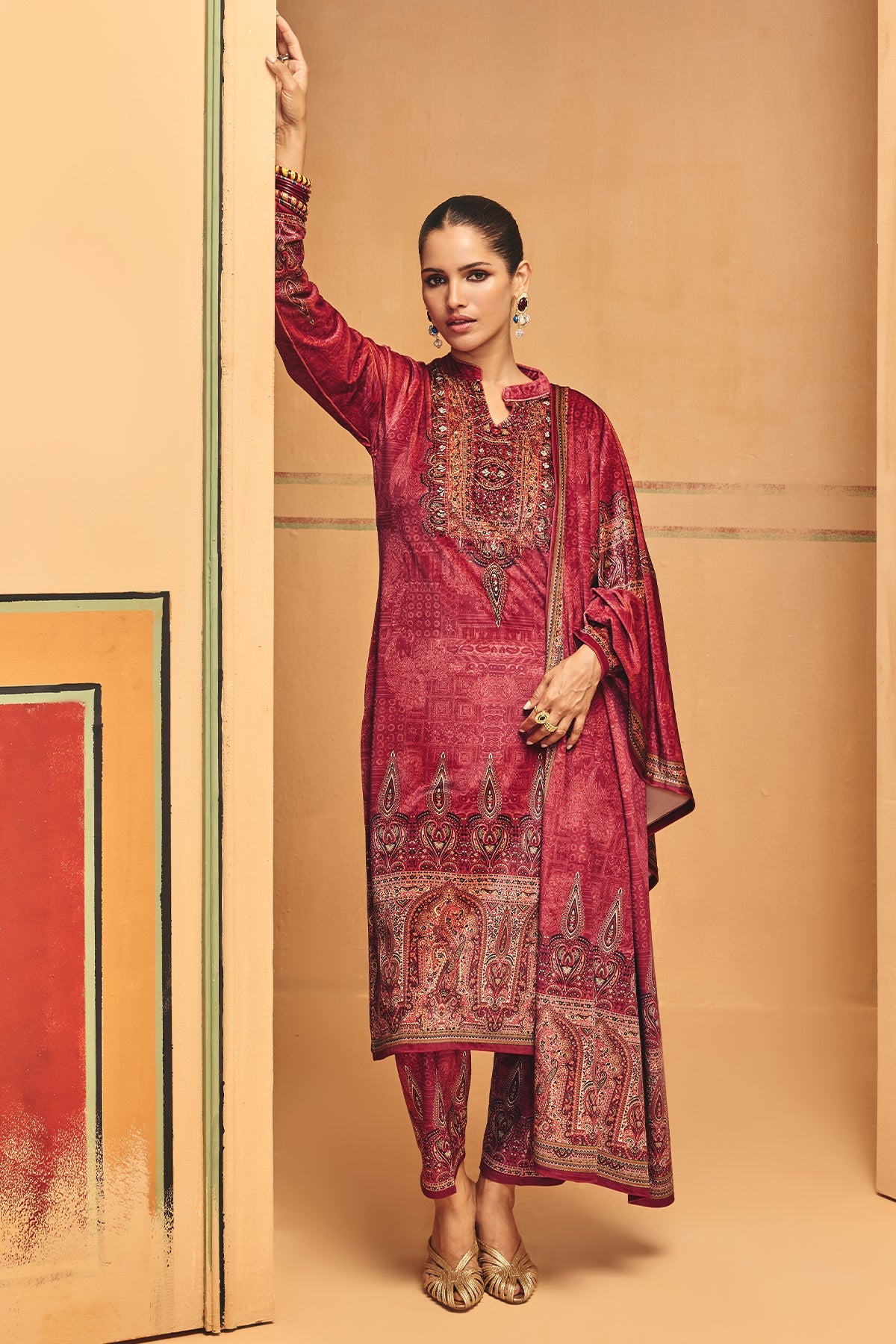 Winter Maroon Printed Velvet Kurta Set