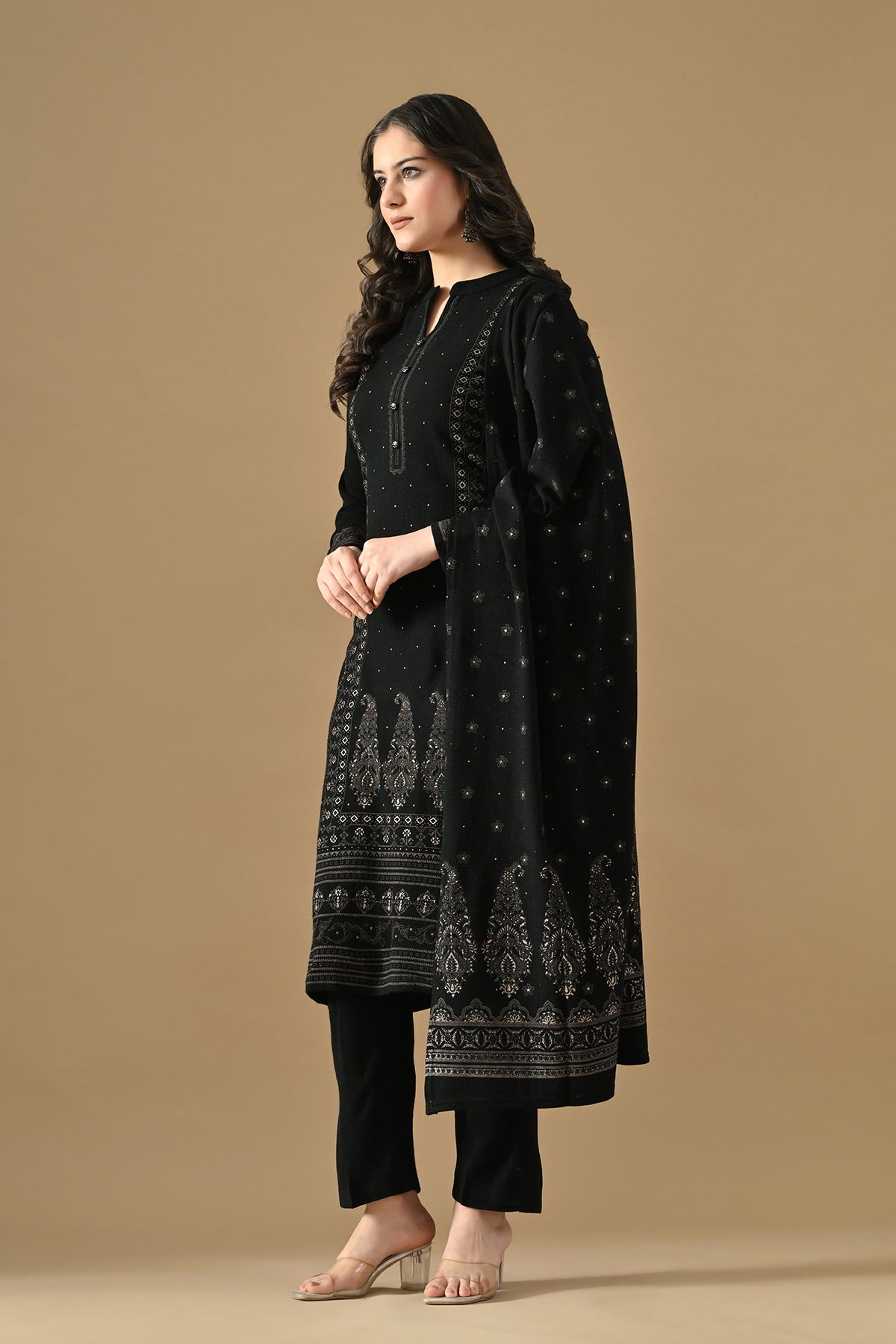 Winter Black Printed Ethnic Motifs Woven Kurta Set