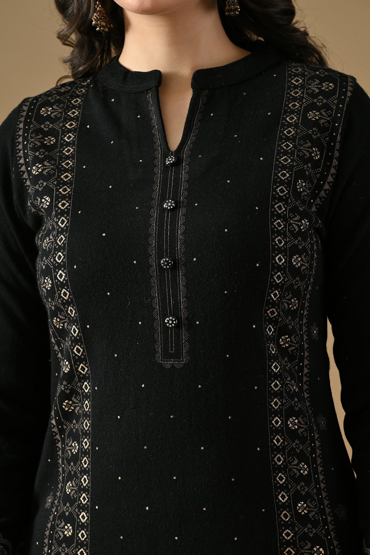 Winter Black Printed Ethnic Motifs Woven Kurta Set