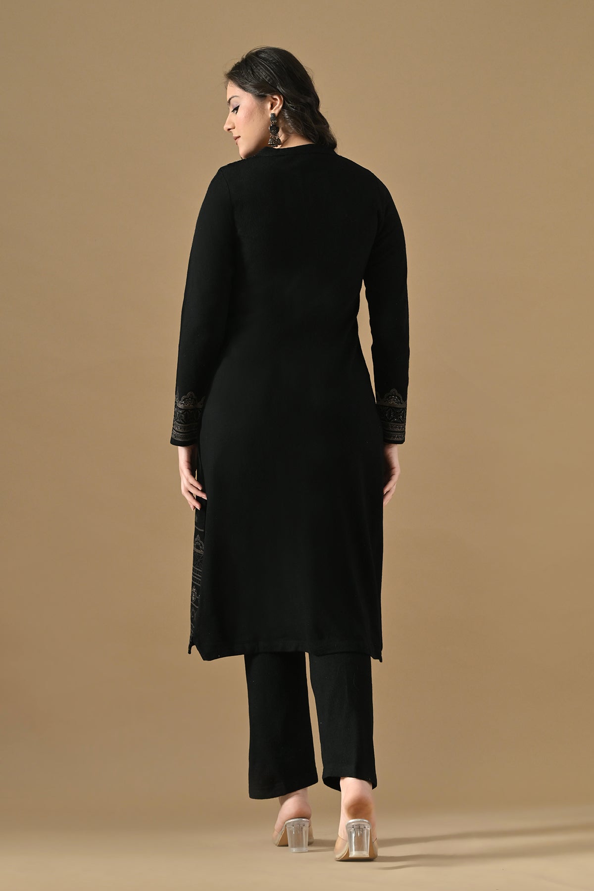 Winter Black Printed Ethnic Motifs Woven Kurta Set