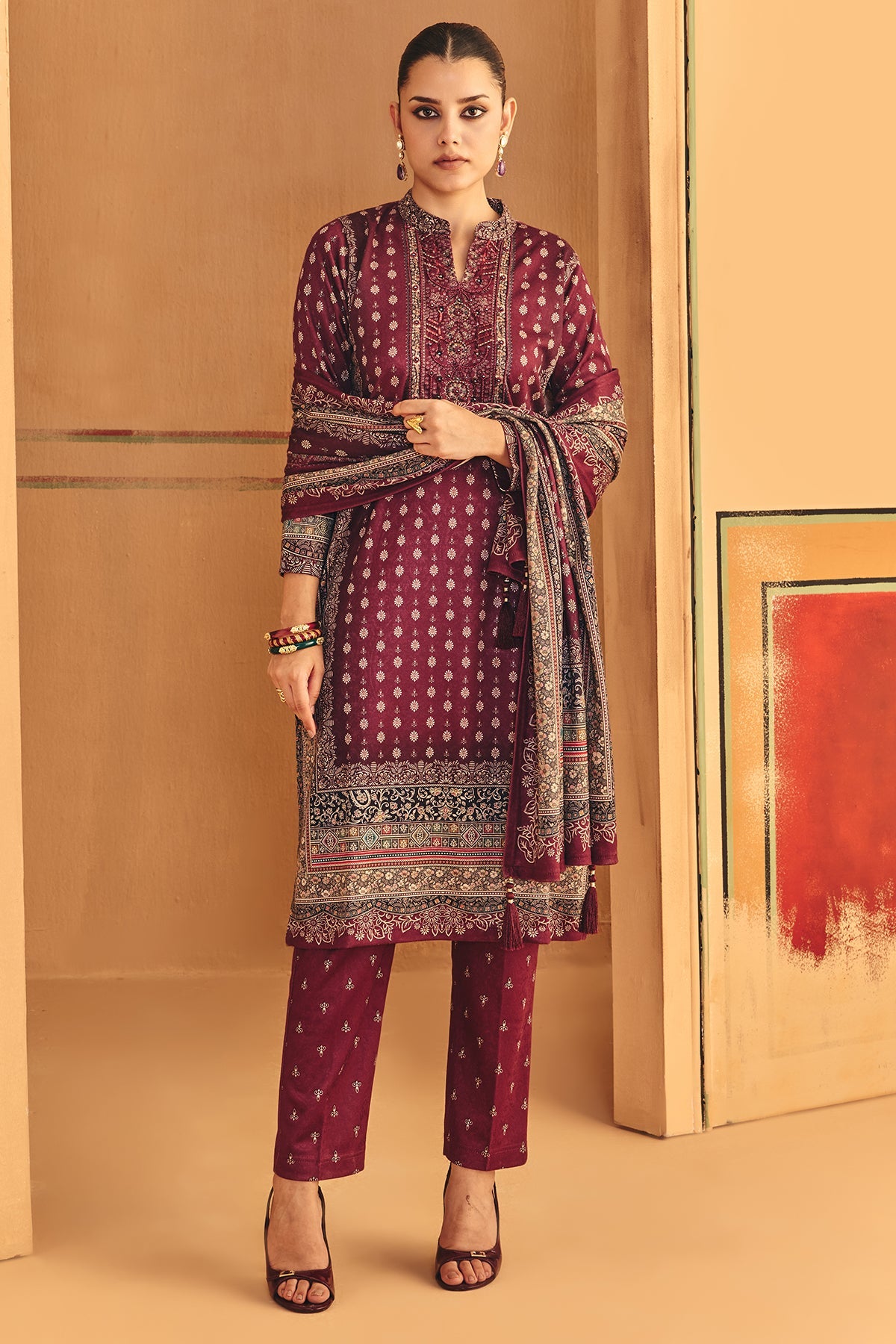 Winter Wine Ethnic Motifs Printed Sequined Kurta Set