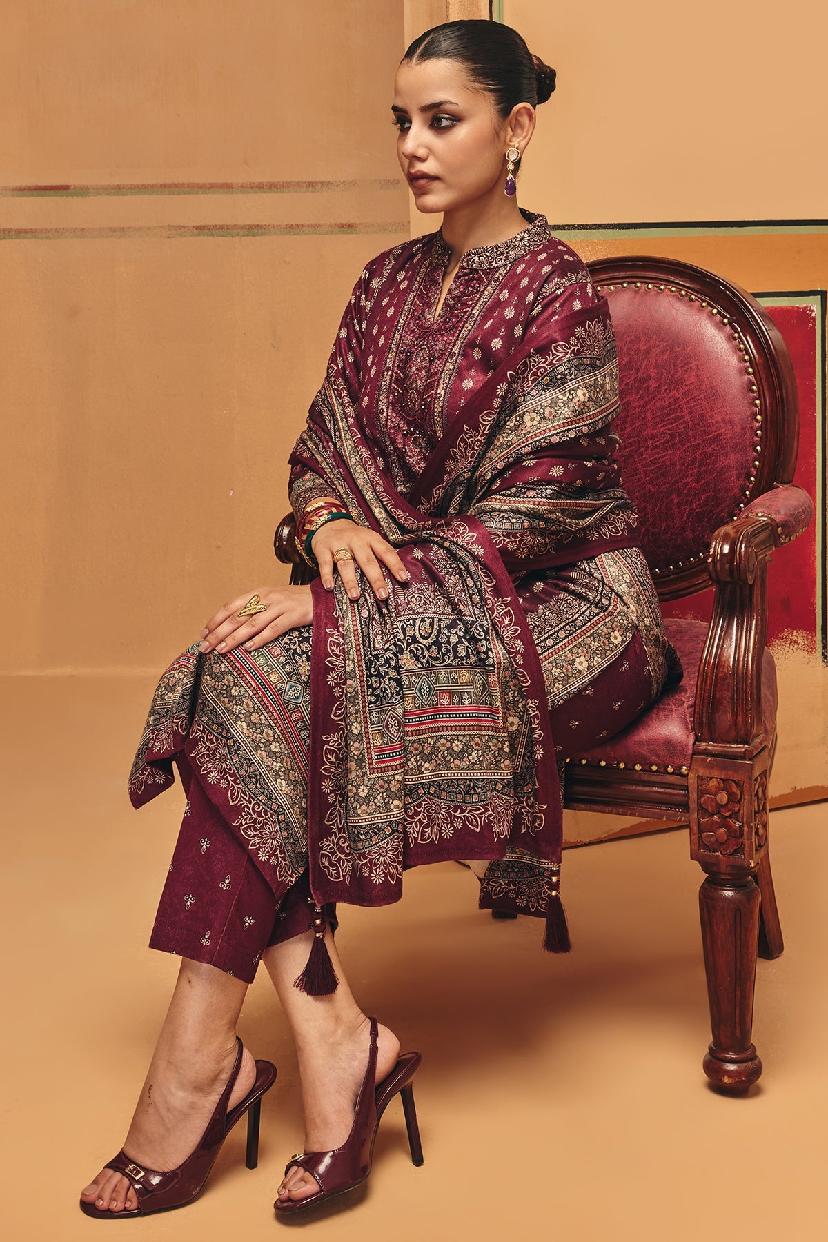 Winter Wine Ethnic Motifs Printed Sequined Kurta Set