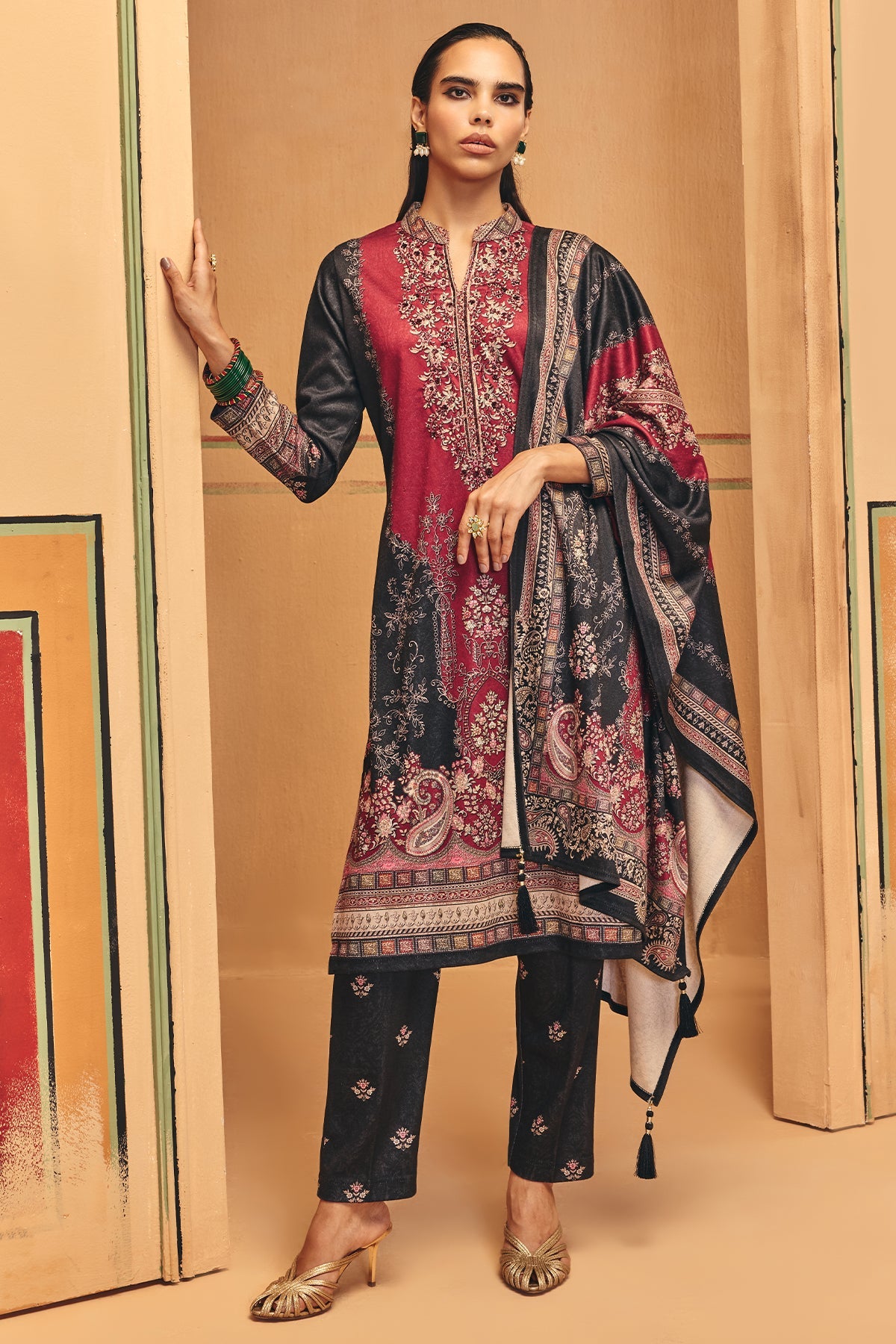 Winter Red Printed Ethnic Motifs Woven Kurta Set