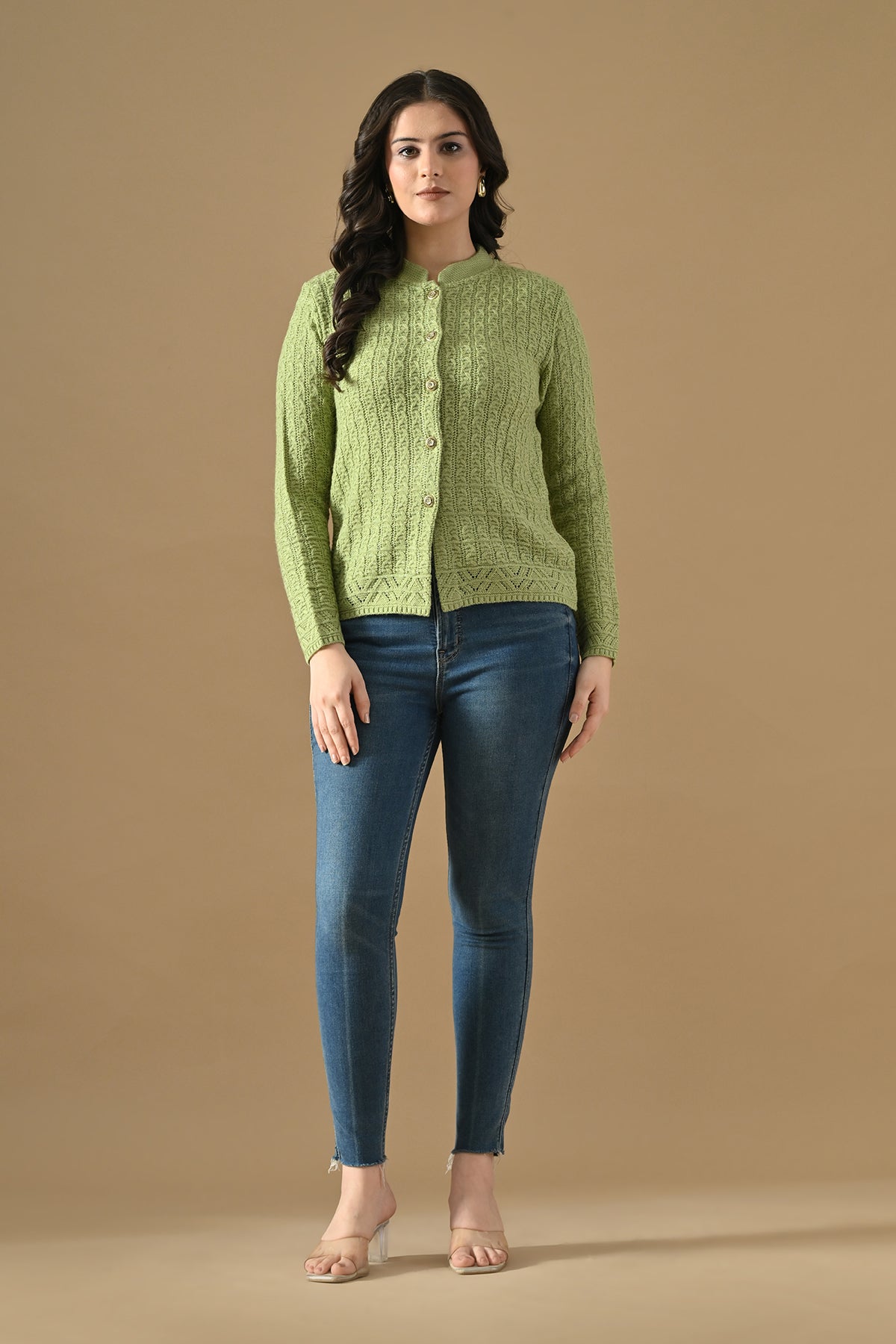 Winter Pista Green Knitted Mandarin Collar Cardigan
