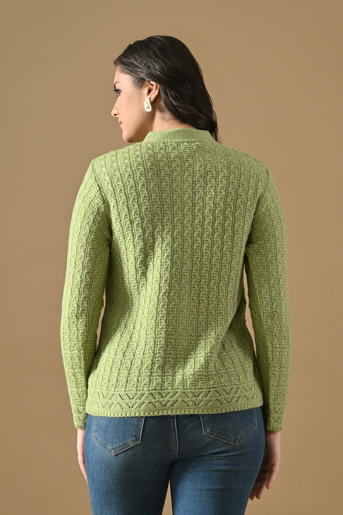 Winter Pista Green Knitted Mandarin Collar Cardigan