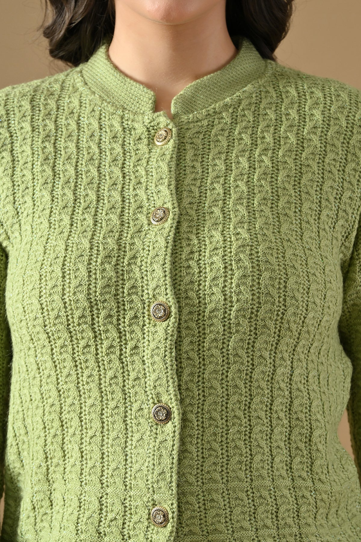 Winter Pista Green Knitted Mandarin Collar Cardigan