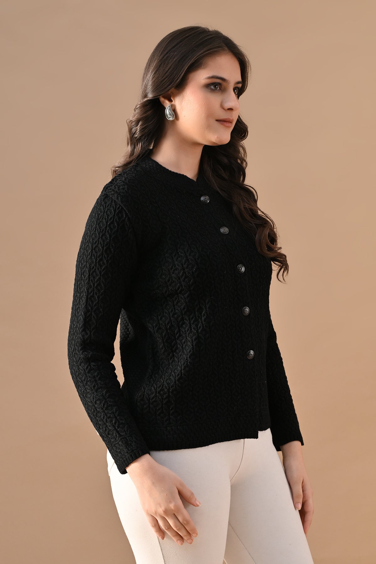 Winter Black Knitted Mandarin Collar Cardigan
