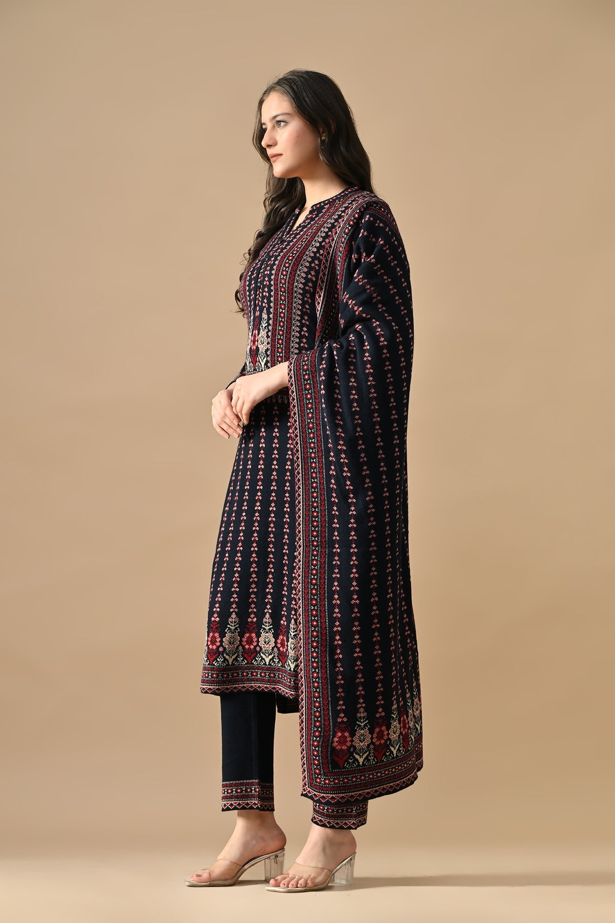 Winter Blue Printed Ethnic Motifs Woven Kurta 3 Pcs Set