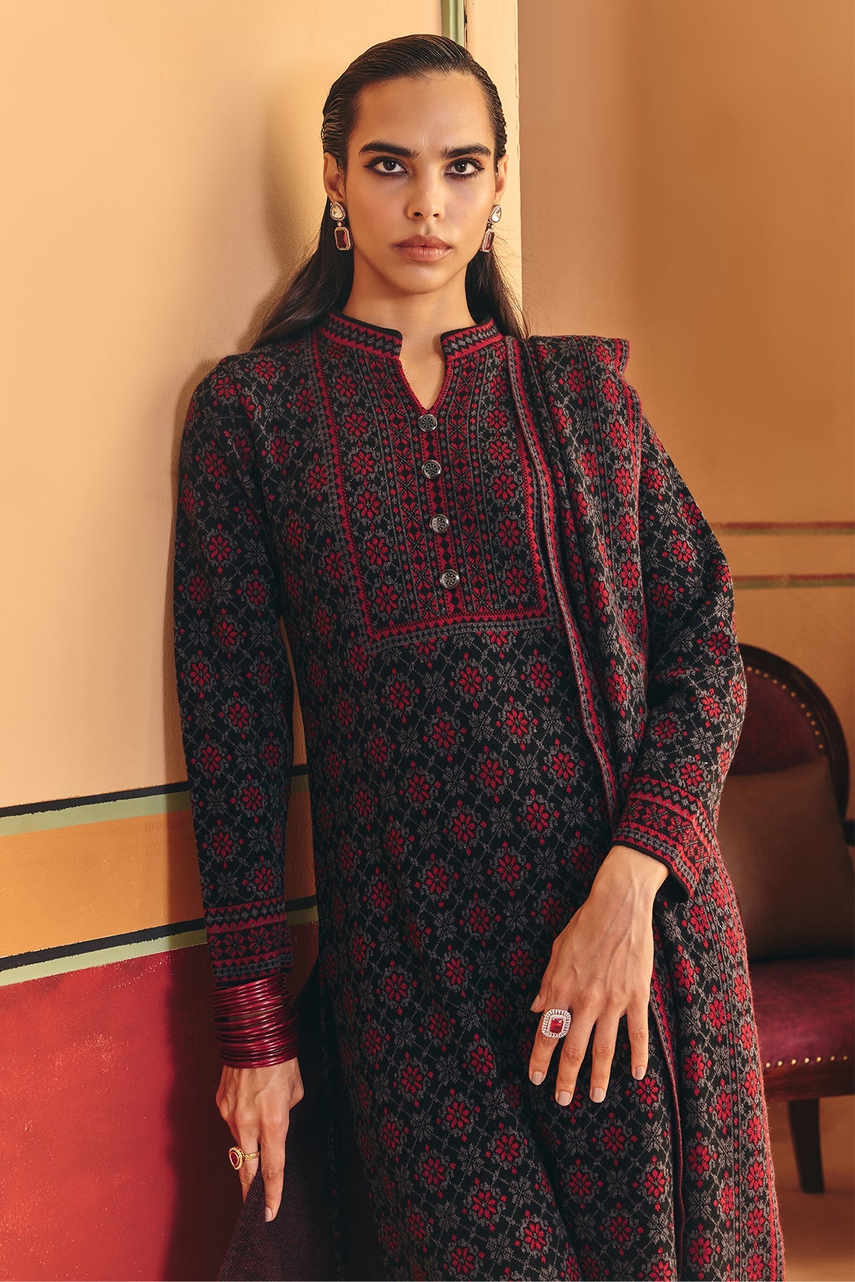 Winter Black Printed Ethnic Motifs Woven Kurta Set