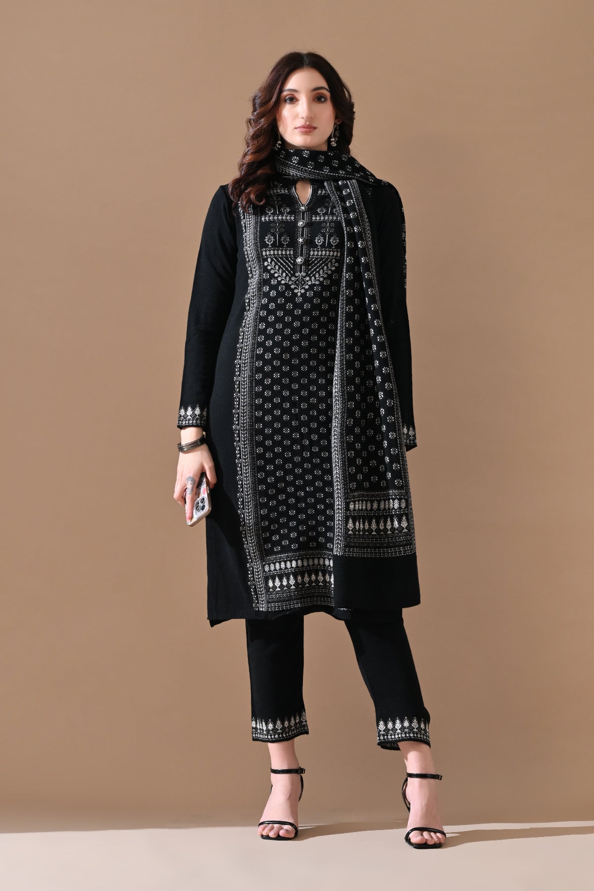 Winter Black Printed Ethnic Motifs Woven Kurta 3 Pcs Set
